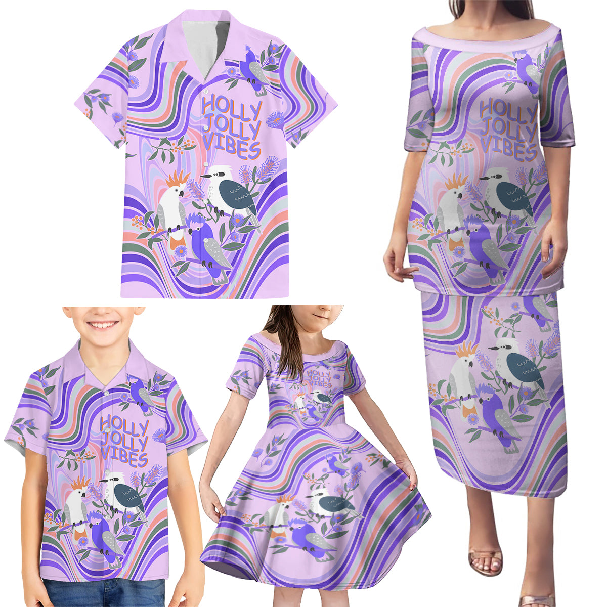 australia-hippie-christmas-family-matching-puletasi-dress-and-hawaiian-shirt-cockatoo-kookaburra-with-wattle-violet-pastel-color