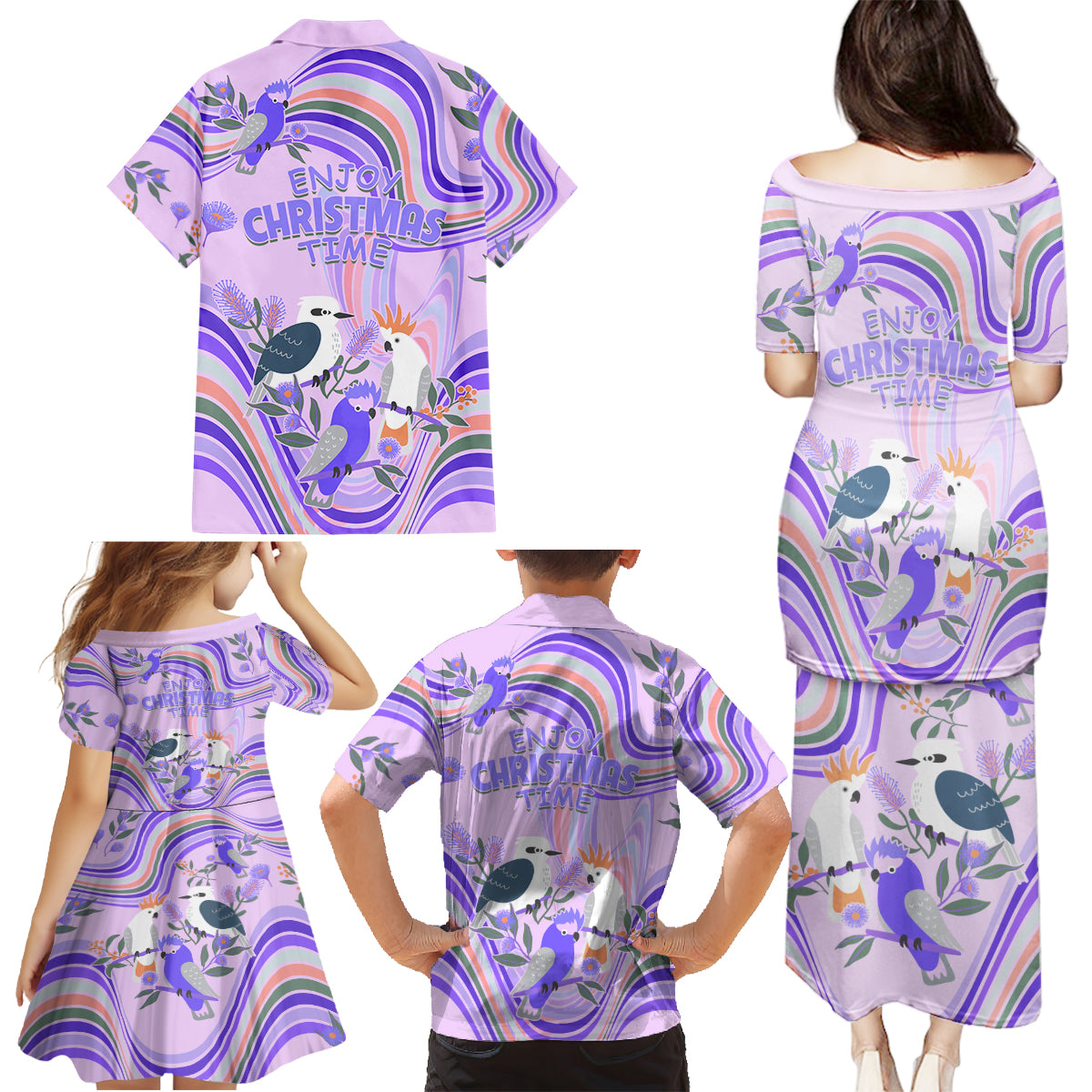 australia-hippie-christmas-family-matching-puletasi-dress-and-hawaiian-shirt-cockatoo-kookaburra-with-wattle-violet-pastel-color