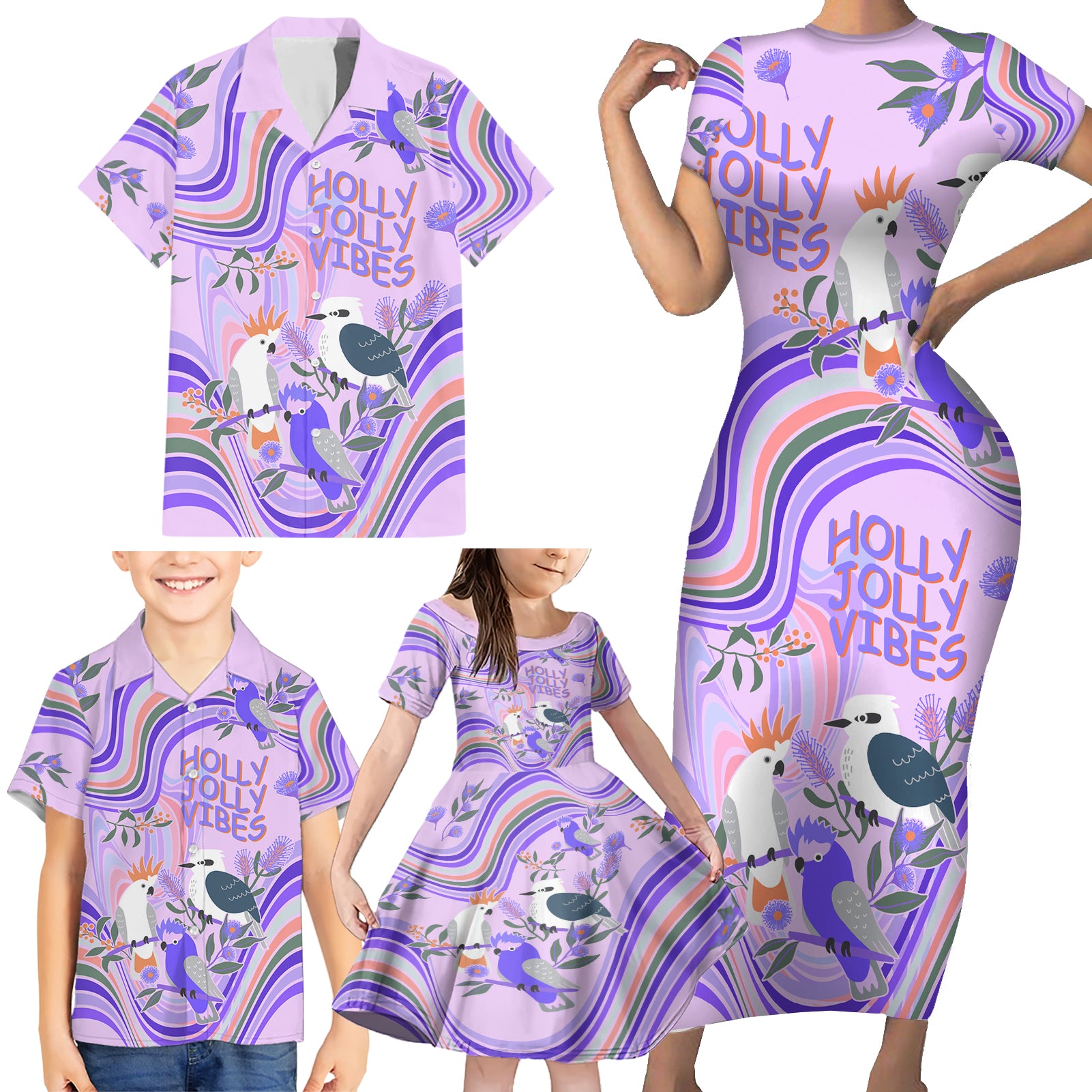 australia-hippie-christmas-family-matching-short-sleeve-bodycon-dress-and-hawaiian-shirt-cockatoo-kookaburra-with-wattle-violet-pastel-color