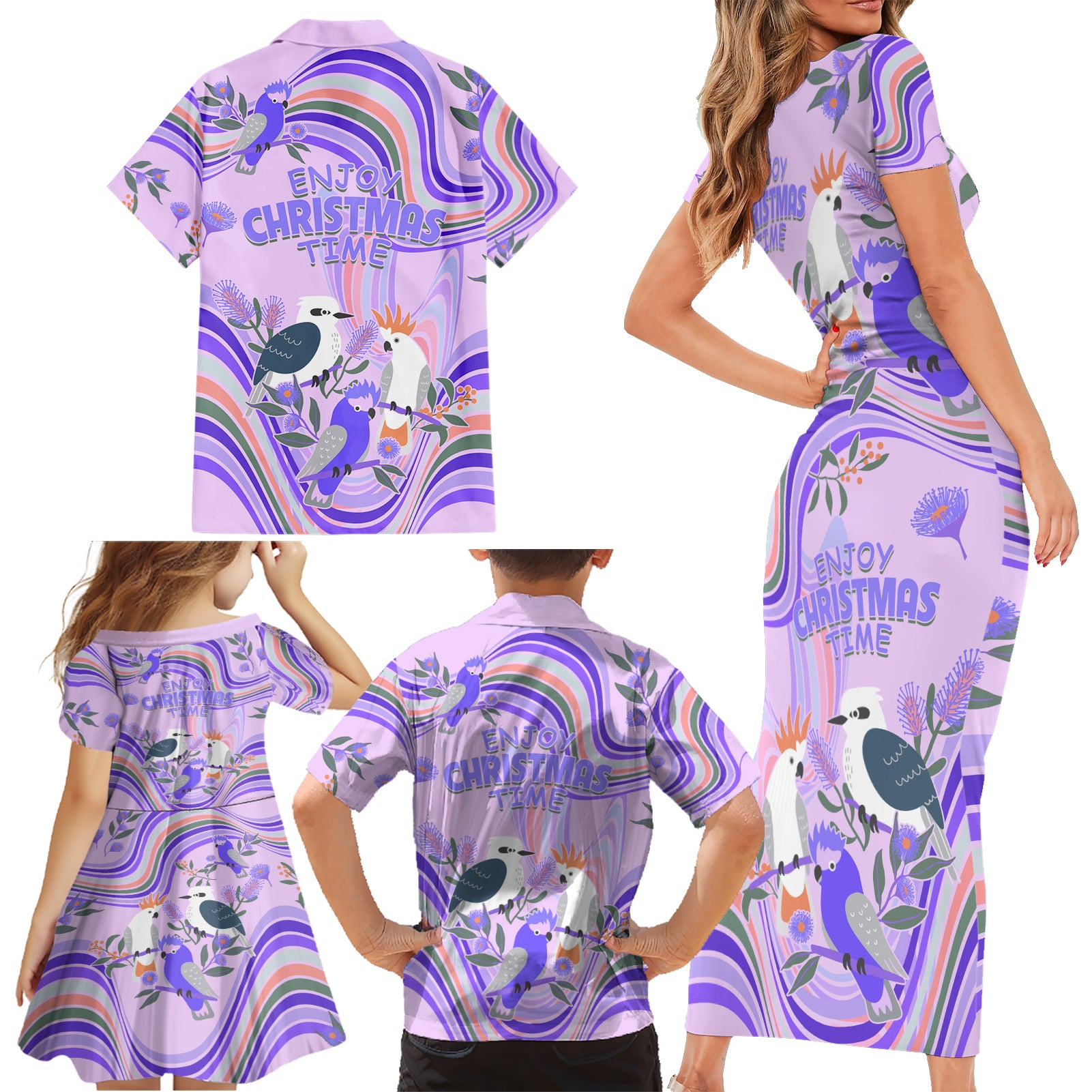 australia-hippie-christmas-family-matching-short-sleeve-bodycon-dress-and-hawaiian-shirt-cockatoo-kookaburra-with-wattle-violet-pastel-color