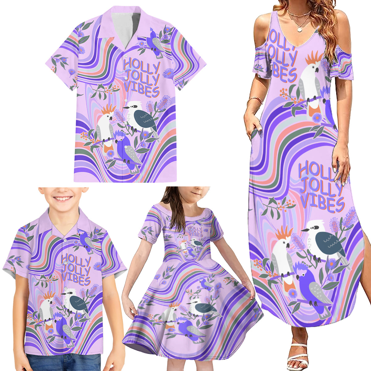 australia-hippie-christmas-family-matching-summer-maxi-dress-and-hawaiian-shirt-cockatoo-kookaburra-with-wattle-violet-pastel-color