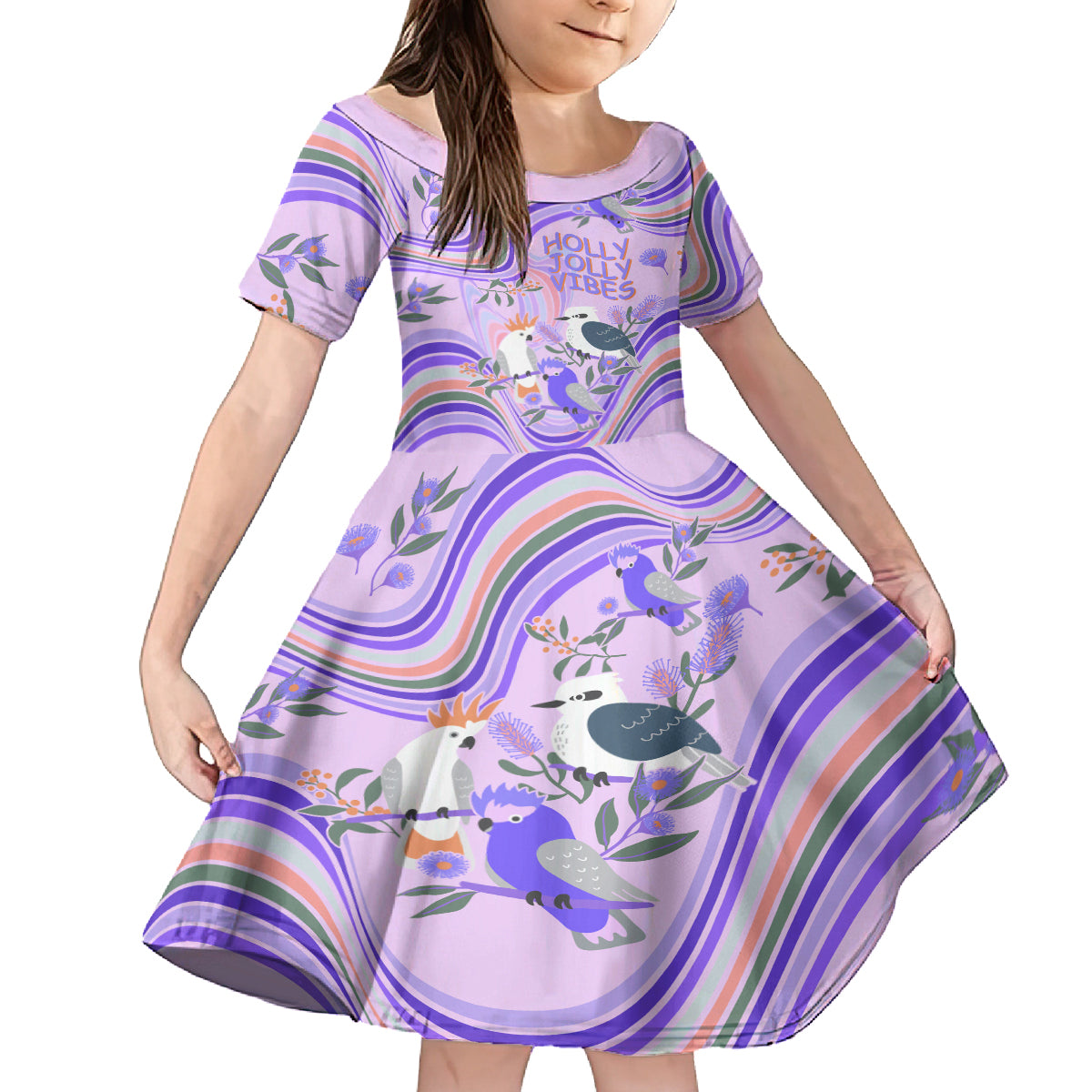 australia-hippie-christmas-family-matching-summer-maxi-dress-and-hawaiian-shirt-cockatoo-kookaburra-with-wattle-violet-pastel-color