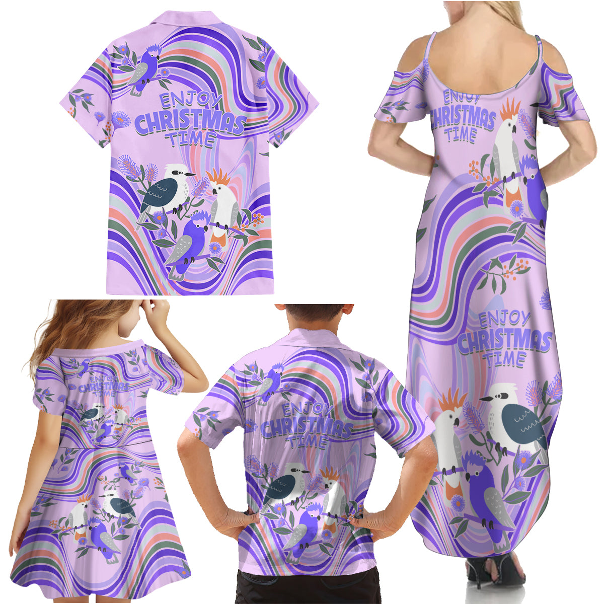 australia-hippie-christmas-family-matching-summer-maxi-dress-and-hawaiian-shirt-cockatoo-kookaburra-with-wattle-violet-pastel-color