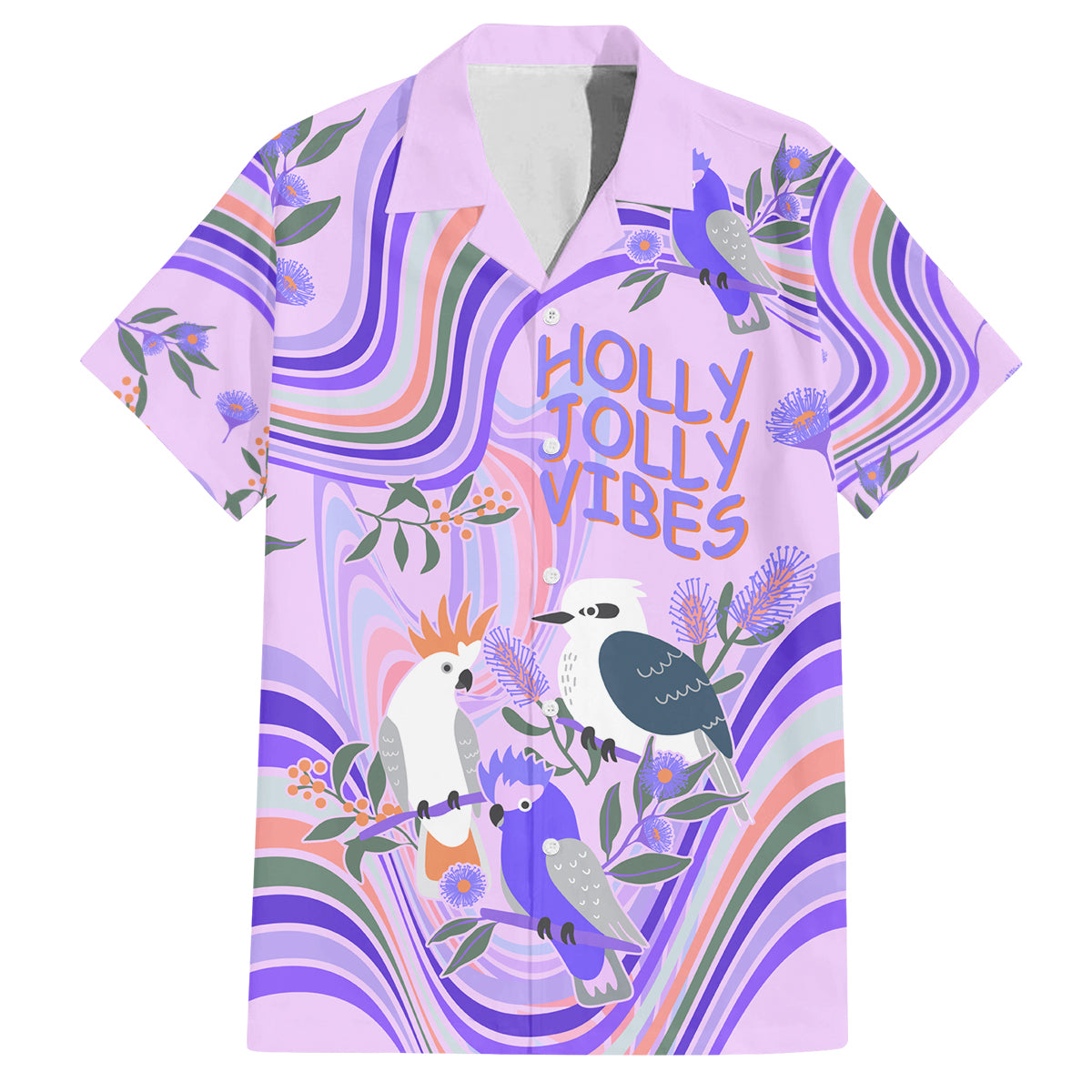 australia-hippie-christmas-family-matching-summer-maxi-dress-and-hawaiian-shirt-cockatoo-kookaburra-with-wattle-violet-pastel-color