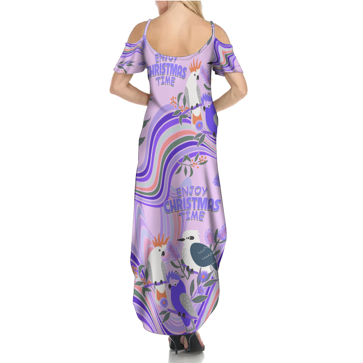 australia-hippie-christmas-family-matching-summer-maxi-dress-and-hawaiian-shirt-cockatoo-kookaburra-with-wattle-violet-pastel-color