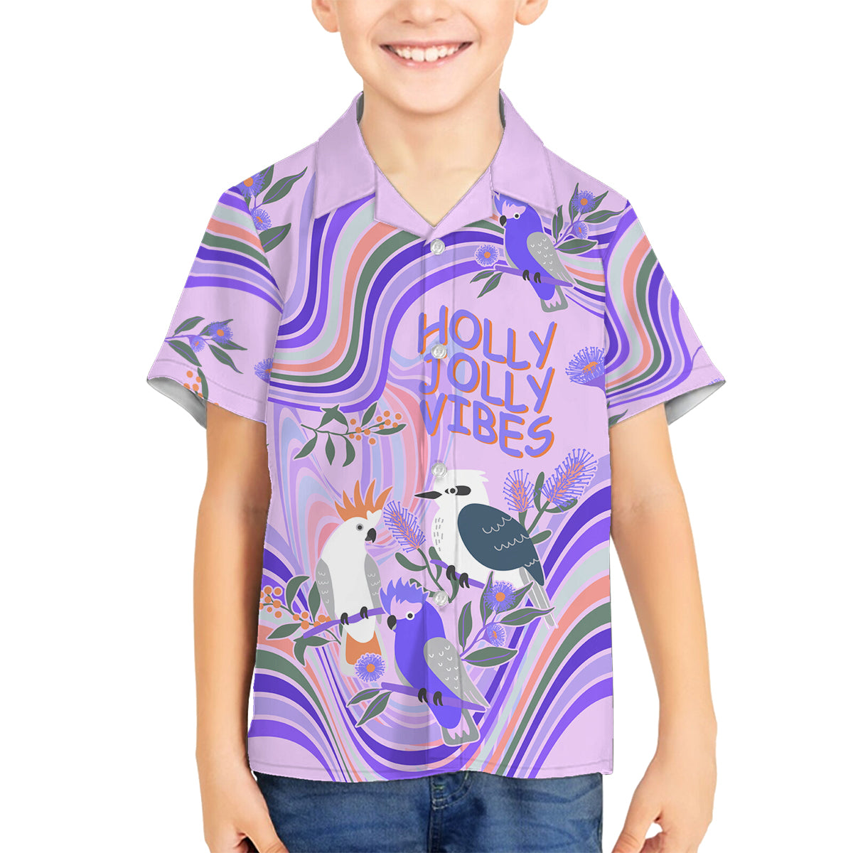 australia-hippie-christmas-family-matching-summer-maxi-dress-and-hawaiian-shirt-cockatoo-kookaburra-with-wattle-violet-pastel-color