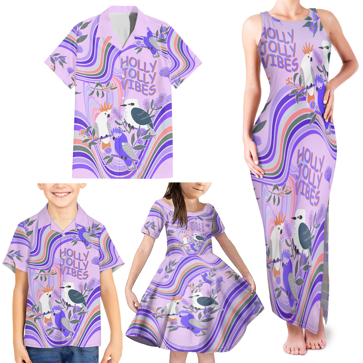 australia-hippie-christmas-family-matching-tank-maxi-dress-and-hawaiian-shirt-cockatoo-kookaburra-with-wattle-violet-pastel-color