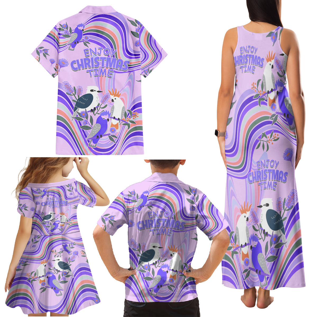 australia-hippie-christmas-family-matching-tank-maxi-dress-and-hawaiian-shirt-cockatoo-kookaburra-with-wattle-violet-pastel-color