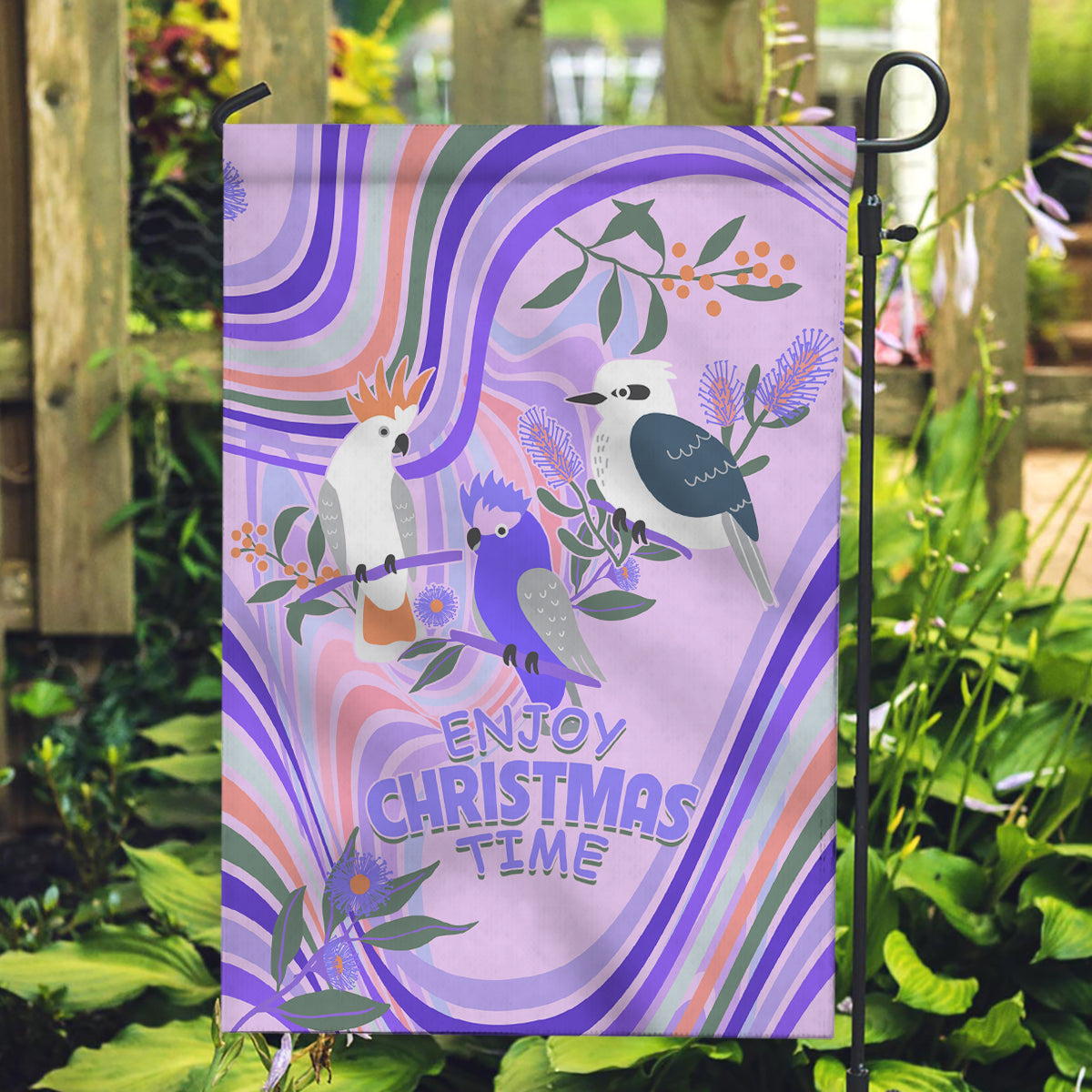 Australia Hippie Christmas Garden Flag Cockatoo Kookaburra with Wattle Violet Pastel Color - Vibe Hoodie Shop