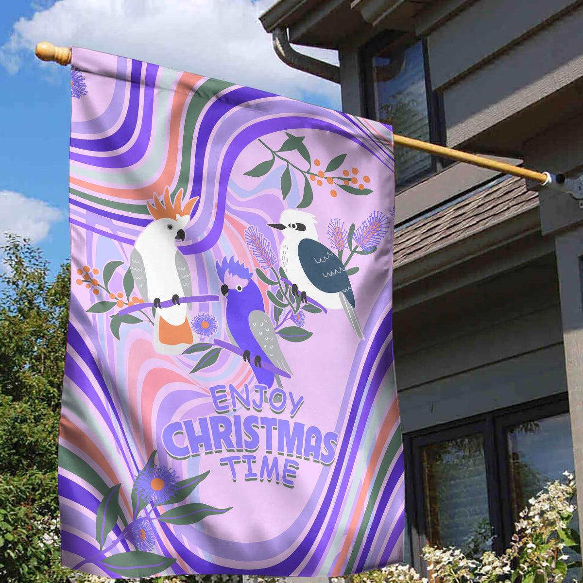 Australia Hippie Christmas Garden Flag Cockatoo Kookaburra with Wattle Violet Pastel Color - Vibe Hoodie Shop