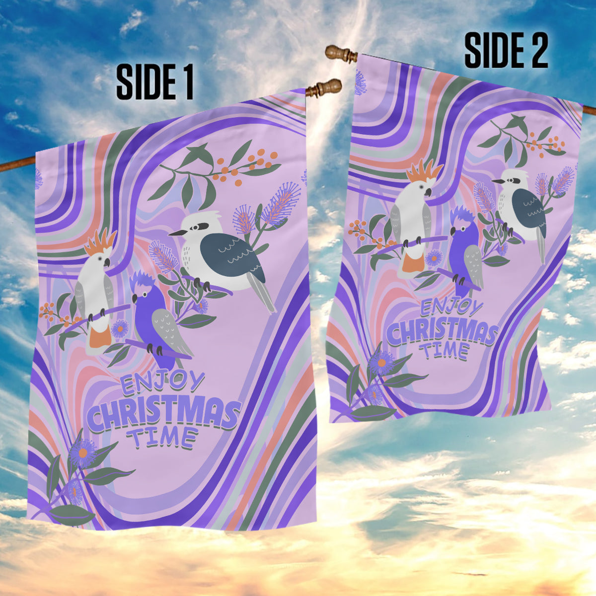 Australia Hippie Christmas Garden Flag Cockatoo Kookaburra with Wattle Violet Pastel Color - Vibe Hoodie Shop