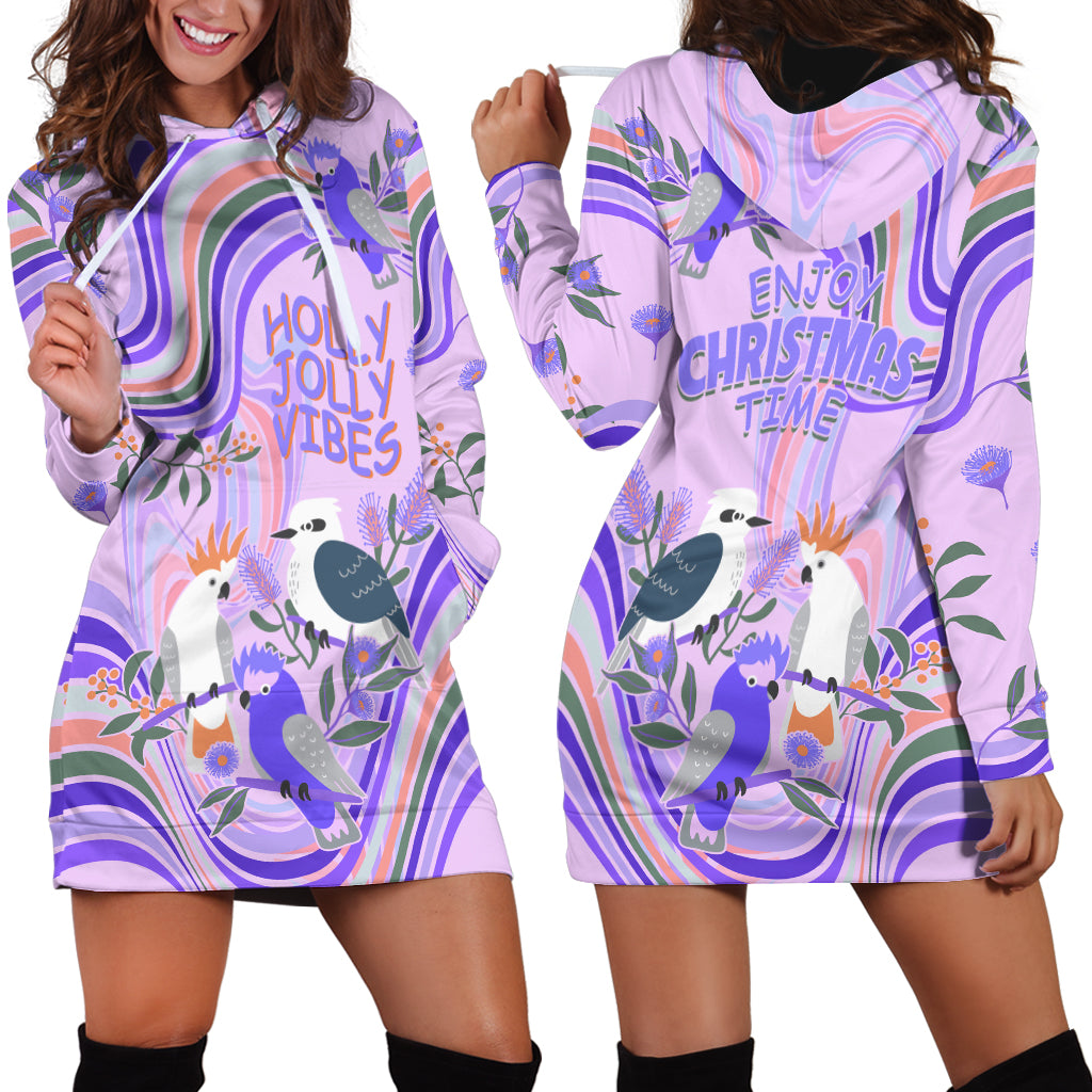 Australia Hippie Christmas Hoodie Dress Cockatoo Kookaburra with Wattle Violet Pastel Color - Vibe Hoodie Shop