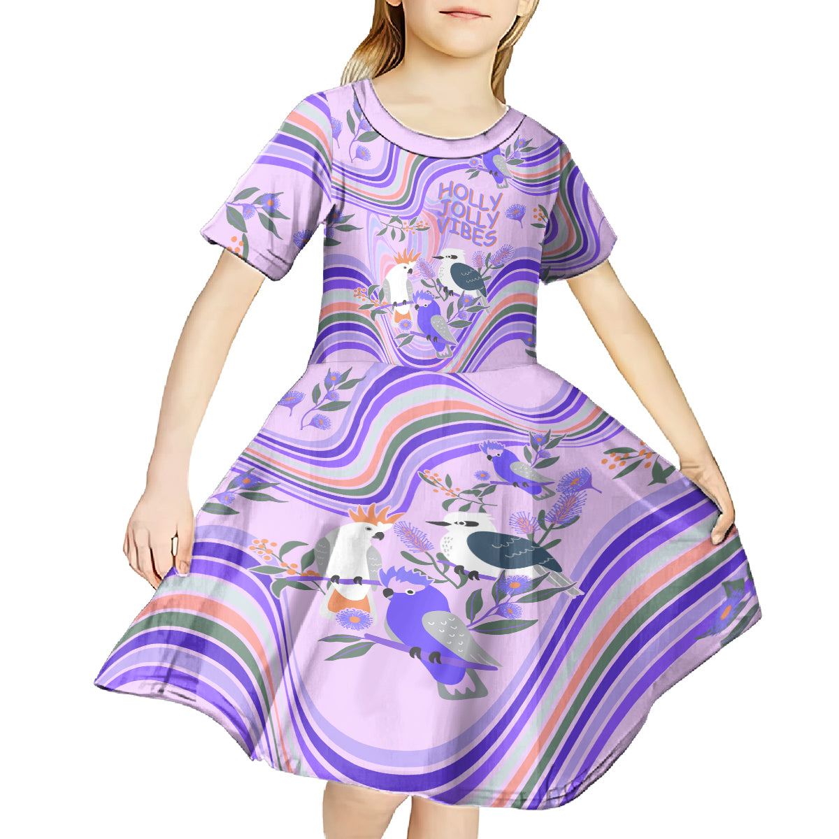 Australia Hippie Christmas Kid Short Sleeve Dress Cockatoo Kookaburra with Wattle Violet Pastel Color - Vibe Hoodie Shop