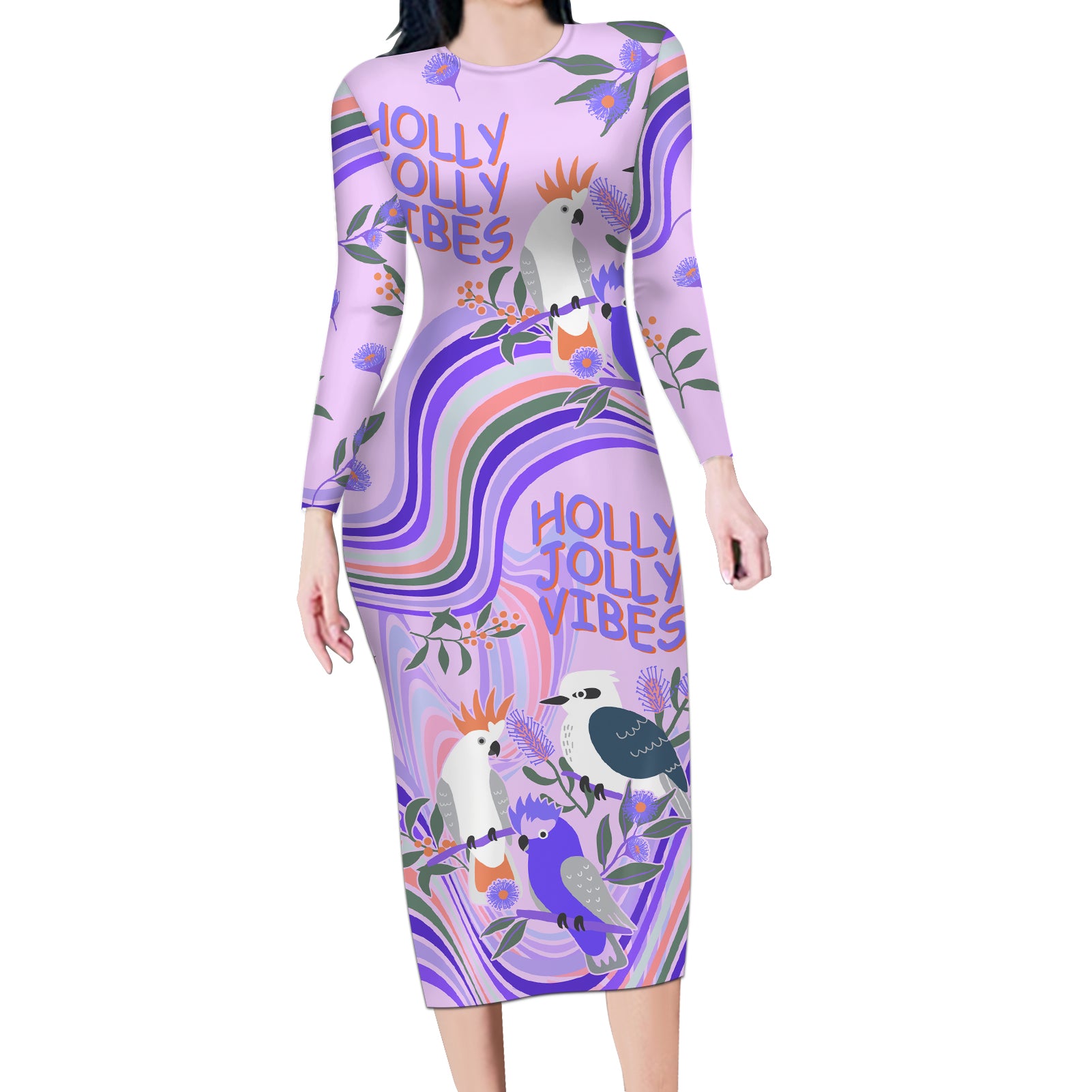 australia-hippie-christmas-long-sleeve-bodycon-dress-cockatoo-kookaburra-with-wattle-violet-pastel-color