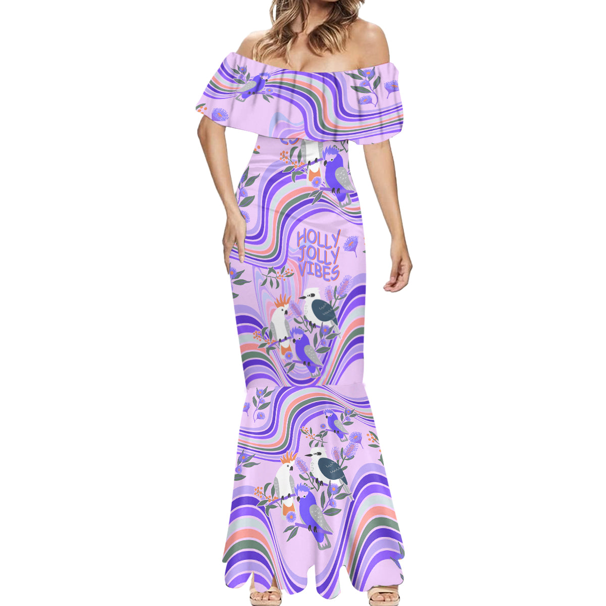 australia-hippie-christmas-mermaid-dress-cockatoo-kookaburra-with-wattle-violet-pastel-color