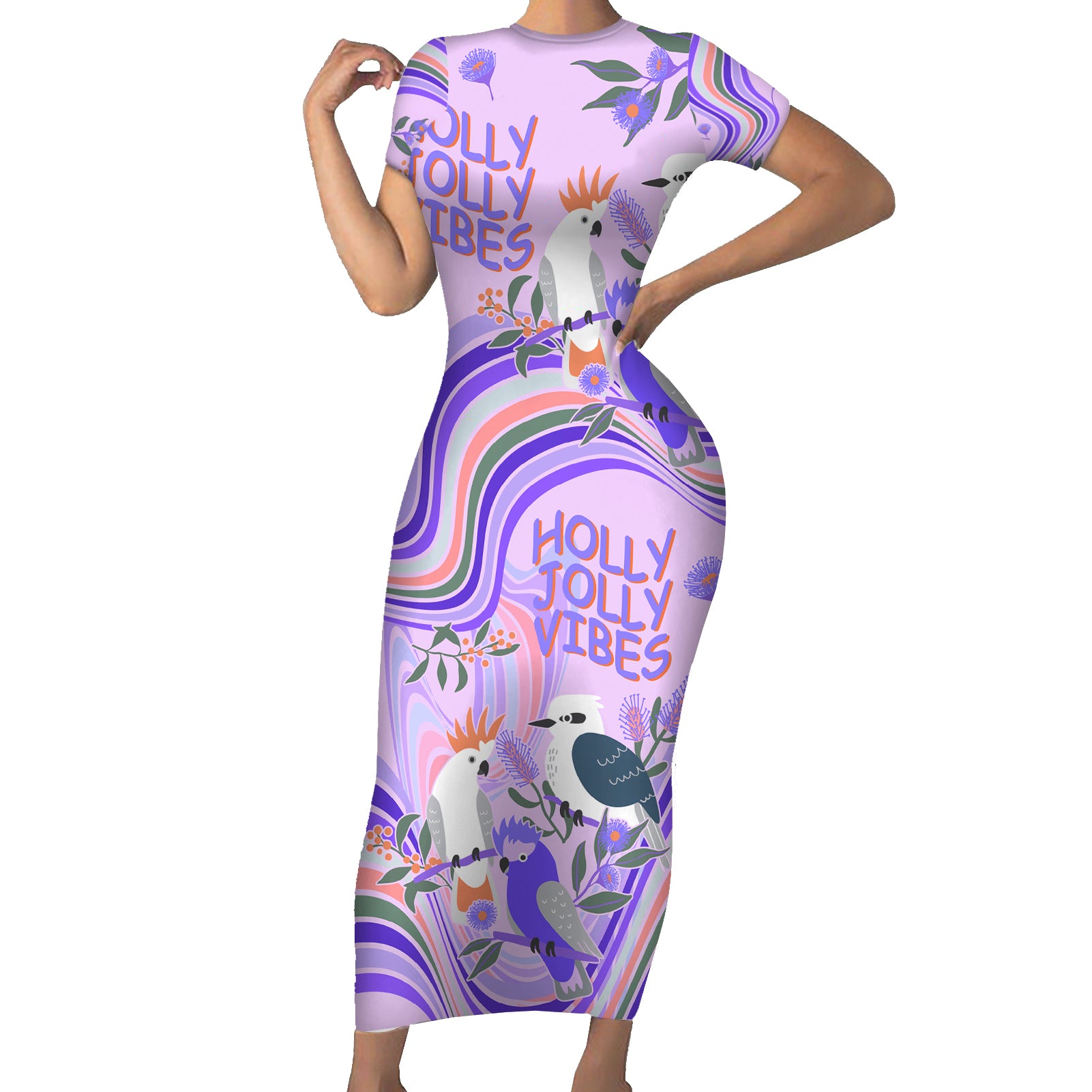 australia-hippie-christmas-short-sleeve-bodycon-dress-cockatoo-kookaburra-with-wattle-violet-pastel-color