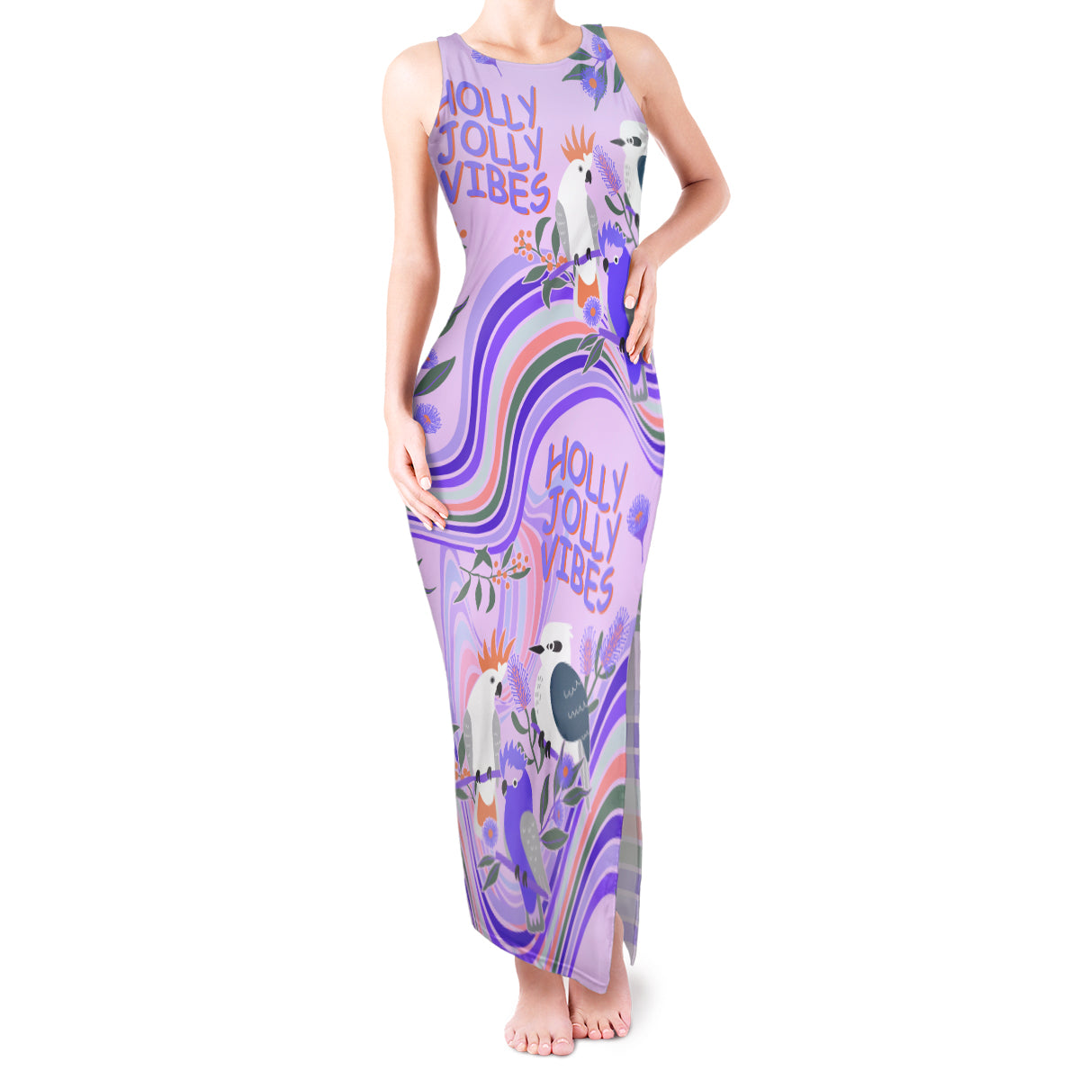 australia-hippie-christmas-tank-maxi-dress-cockatoo-kookaburra-with-wattle-violet-pastel-color