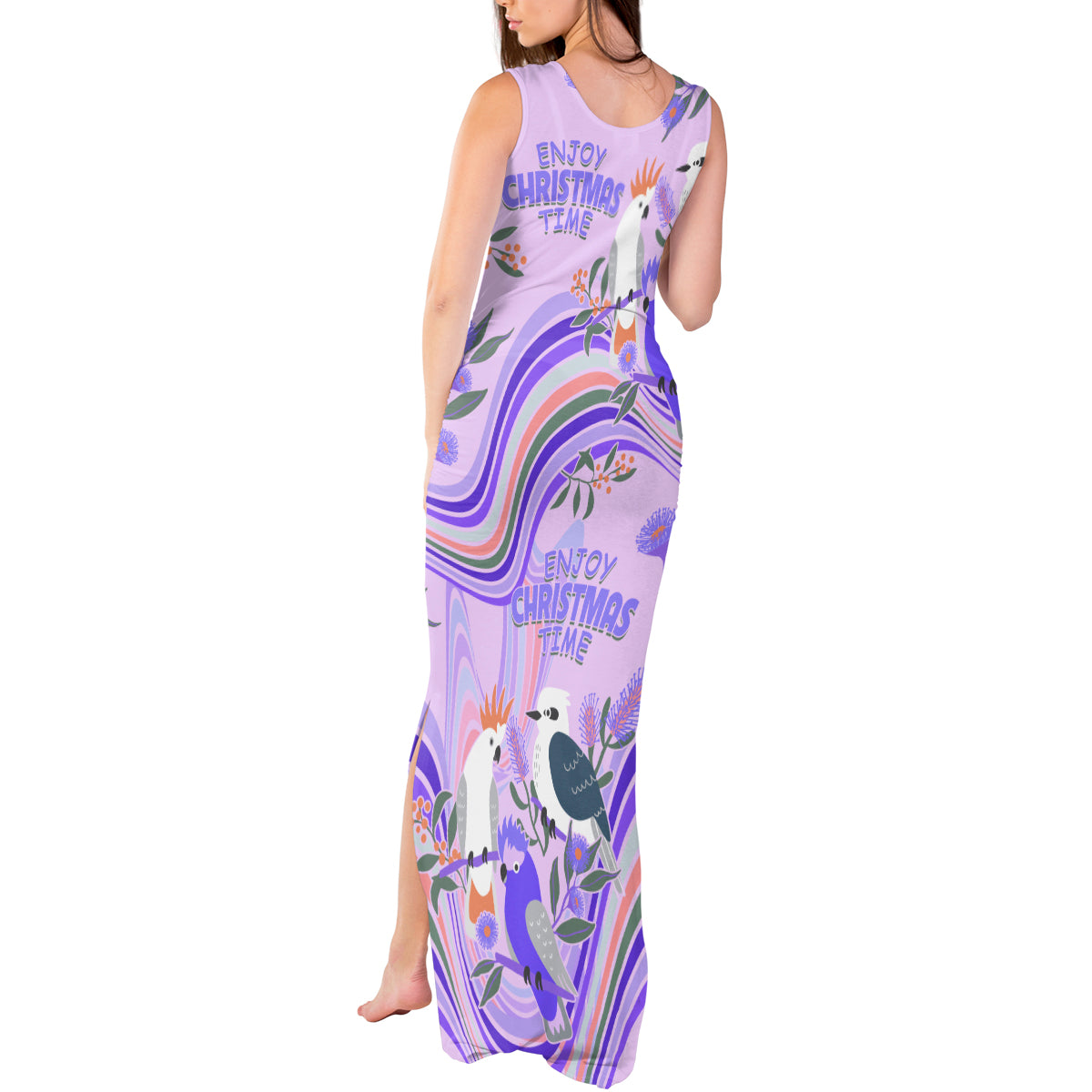 australia-hippie-christmas-tank-maxi-dress-cockatoo-kookaburra-with-wattle-violet-pastel-color