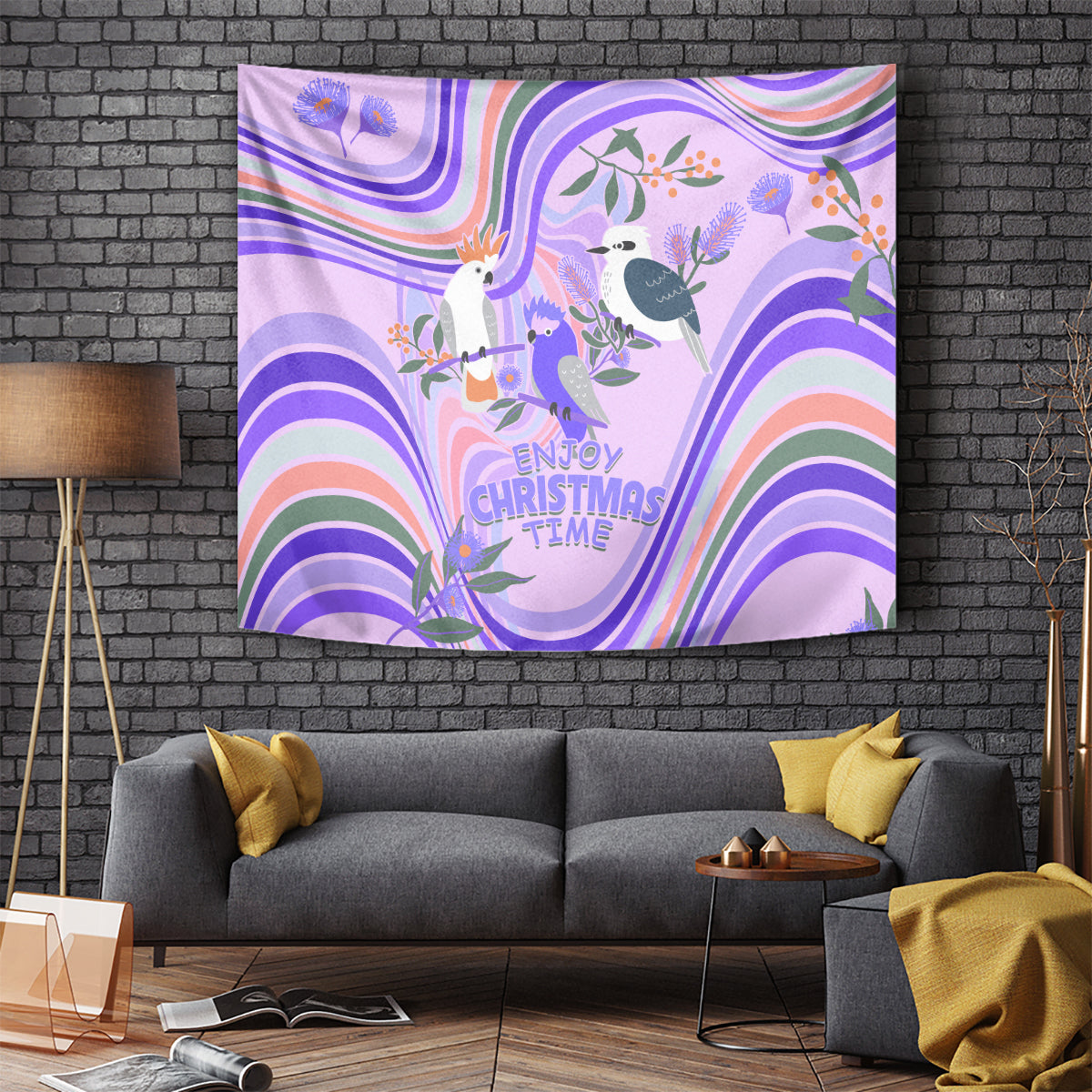 Australia Hippie Christmas Tapestry Cockatoo Kookaburra with Wattle Violet Pastel Color - Vibe Hoodie Shop