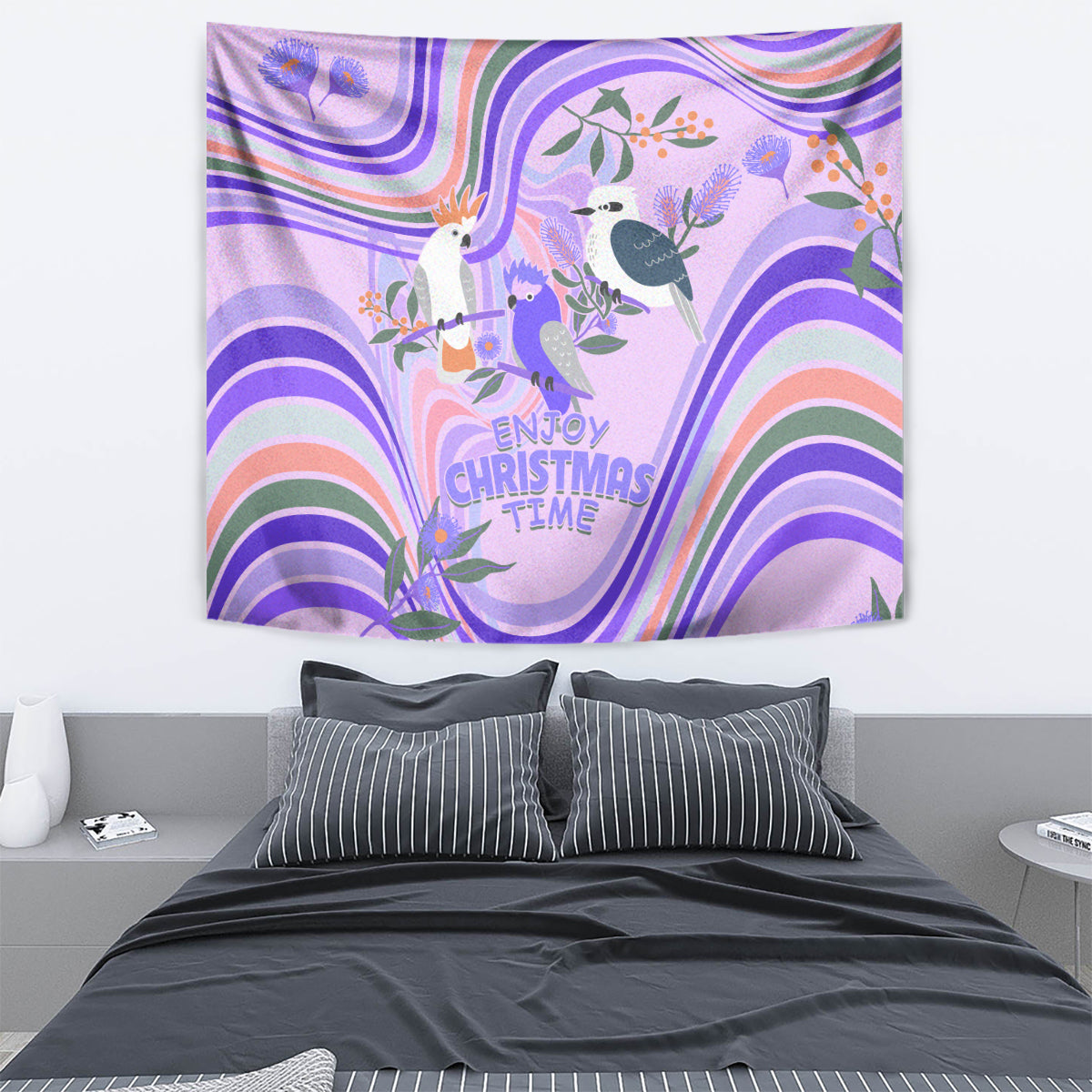 Australia Hippie Christmas Tapestry Cockatoo Kookaburra with Wattle Violet Pastel Color - Vibe Hoodie Shop