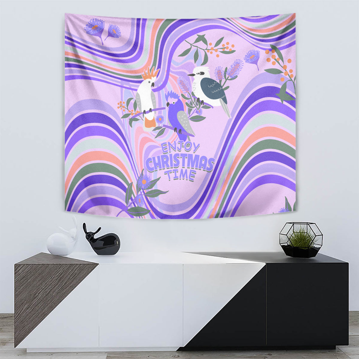 Australia Hippie Christmas Tapestry Cockatoo Kookaburra with Wattle Violet Pastel Color - Vibe Hoodie Shop