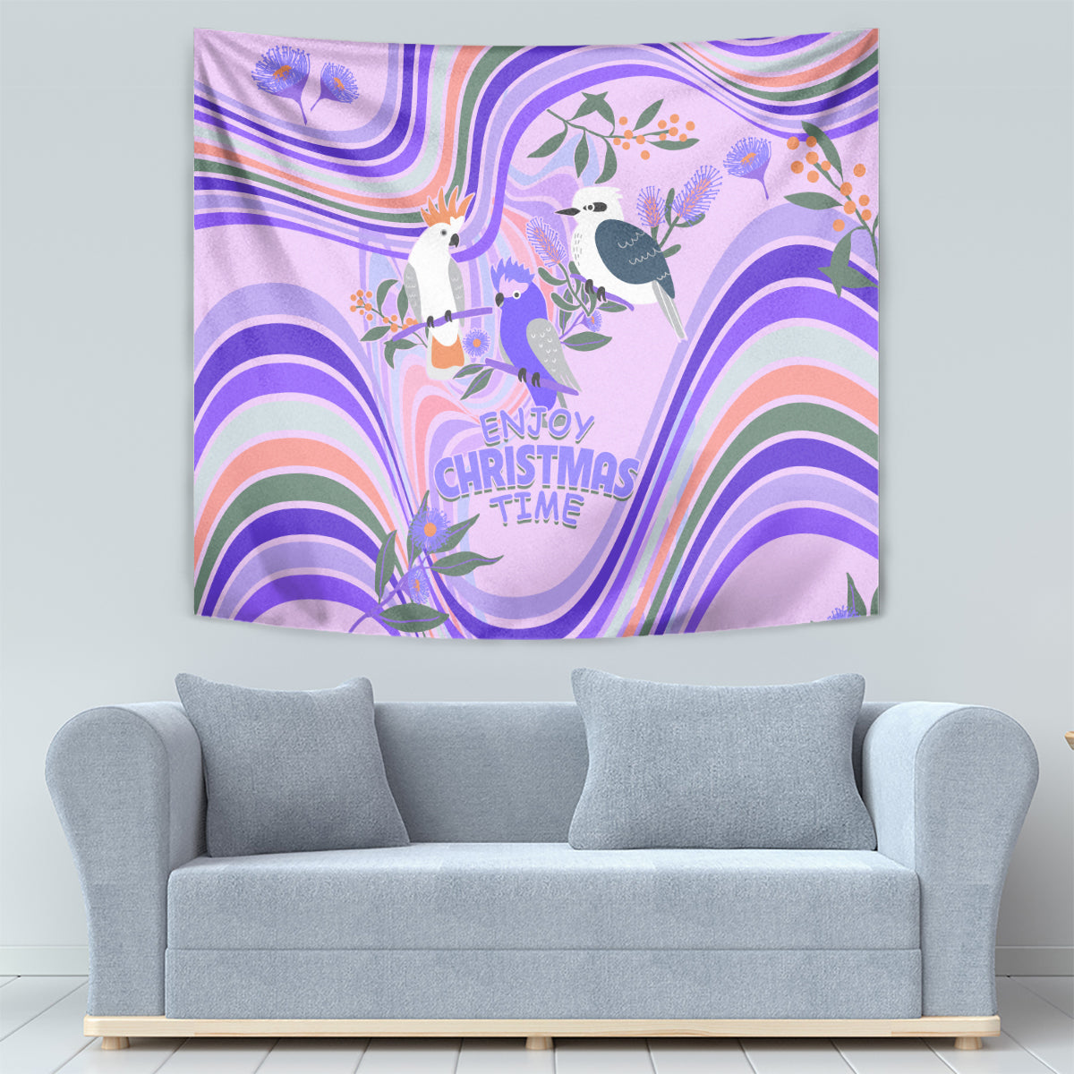 Australia Hippie Christmas Tapestry Cockatoo Kookaburra with Wattle Violet Pastel Color - Vibe Hoodie Shop