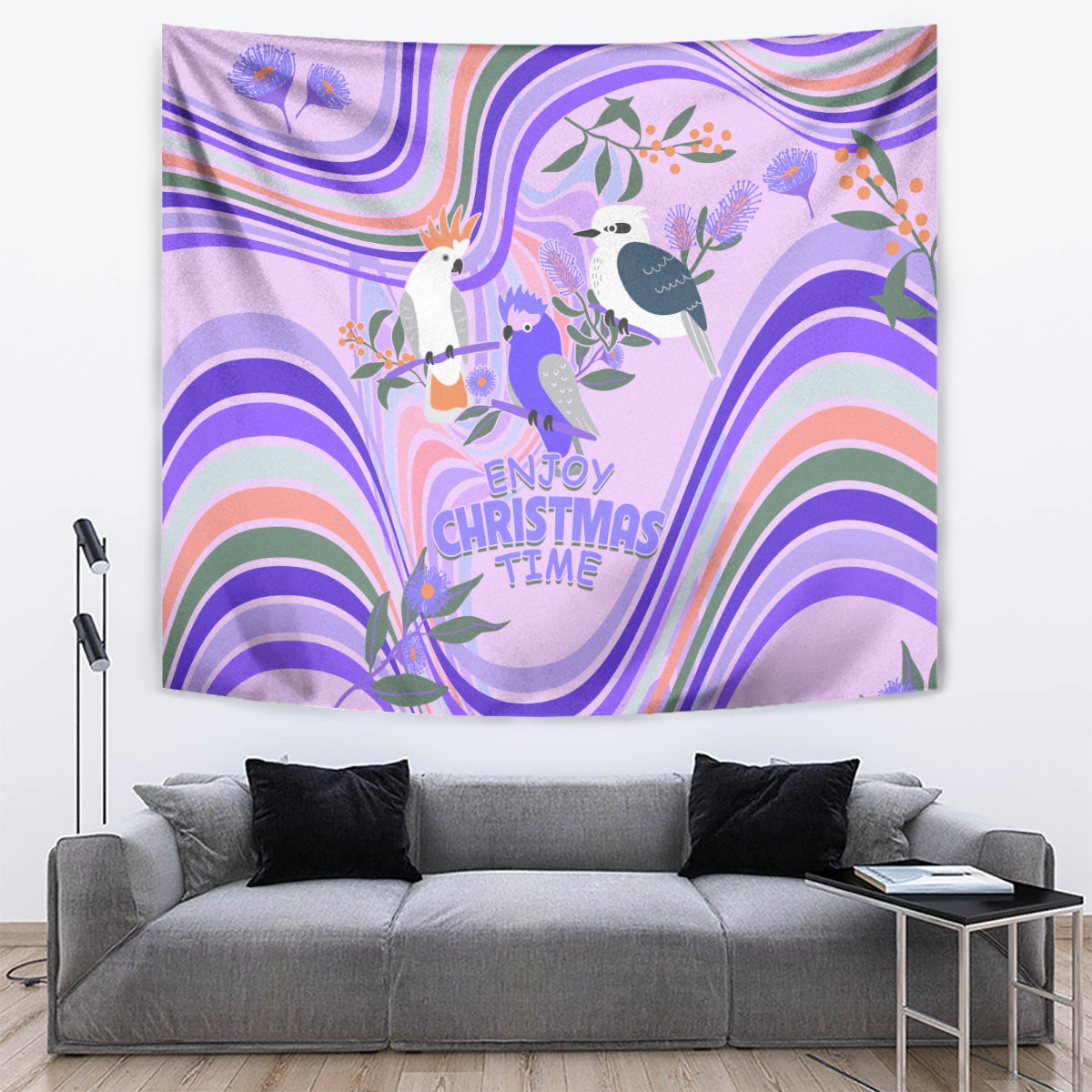 Australia Hippie Christmas Tapestry Cockatoo Kookaburra with Wattle Violet Pastel Color - Vibe Hoodie Shop