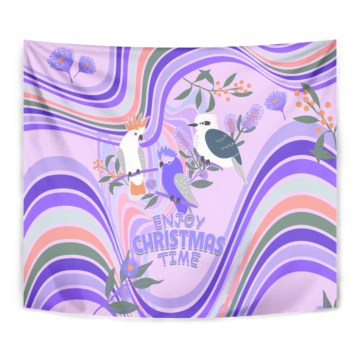 Australia Hippie Christmas Tapestry Cockatoo Kookaburra with Wattle Violet Pastel Color - Vibe Hoodie Shop