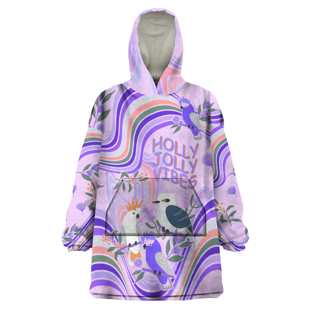 Australia Hippie Christmas Wearable Blanket Hoodie Cockatoo Kookaburra with Wattle Violet Pastel Color - Vibe Hoodie Shop