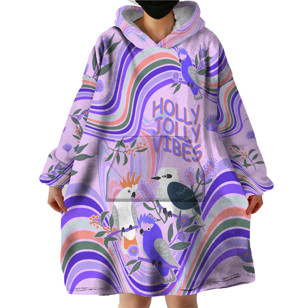 Australia Hippie Christmas Wearable Blanket Hoodie Cockatoo Kookaburra with Wattle Violet Pastel Color - Vibe Hoodie Shop