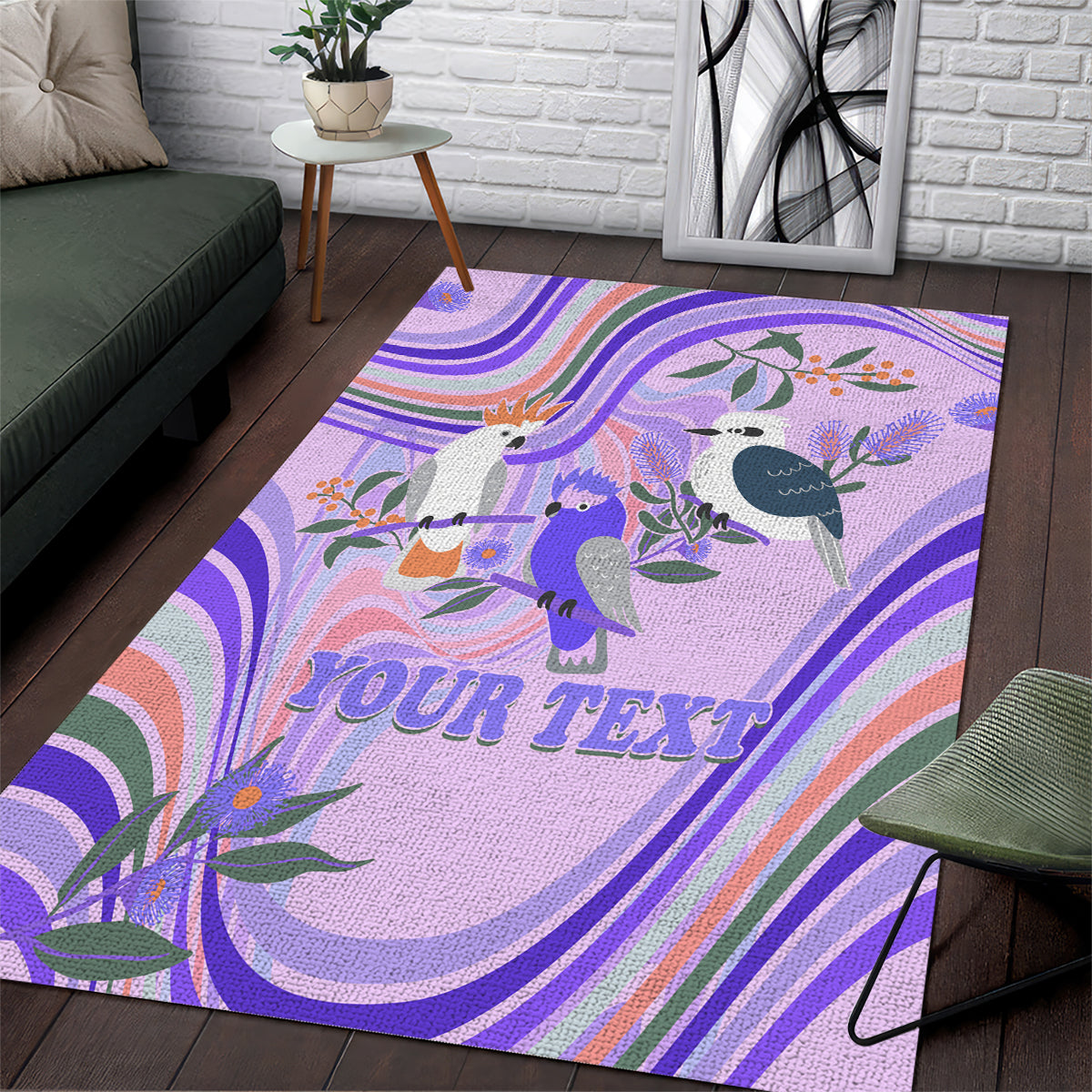 Personalised Australia Hippie Christmas Area Rug Cockatoo Kookaburra with Wattle Violet Pastel Color - Vibe Hoodie Shop