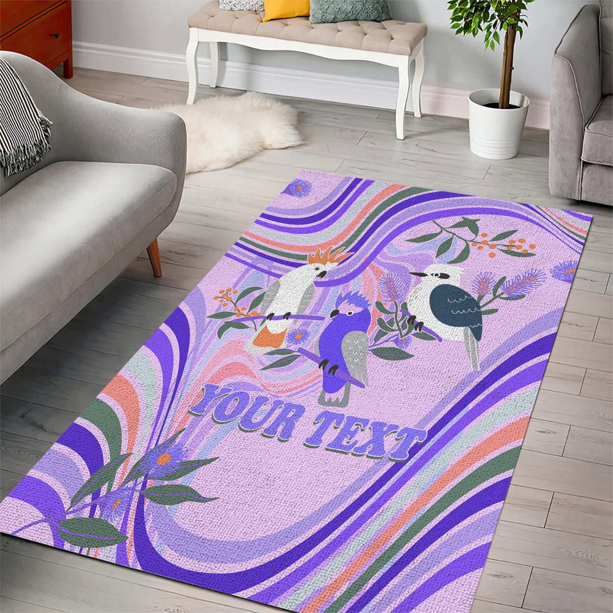 Personalised Australia Hippie Christmas Area Rug Cockatoo Kookaburra with Wattle Violet Pastel Color - Vibe Hoodie Shop