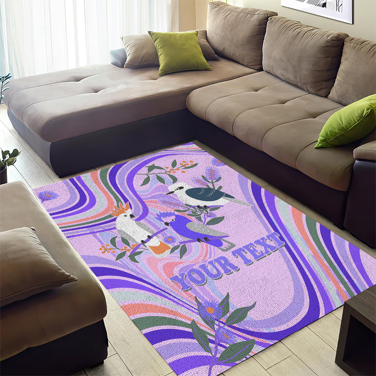 Personalised Australia Hippie Christmas Area Rug Cockatoo Kookaburra with Wattle Violet Pastel Color - Vibe Hoodie Shop