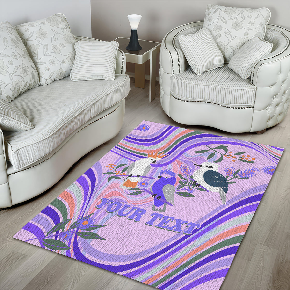 Personalised Australia Hippie Christmas Area Rug Cockatoo Kookaburra with Wattle Violet Pastel Color - Vibe Hoodie Shop