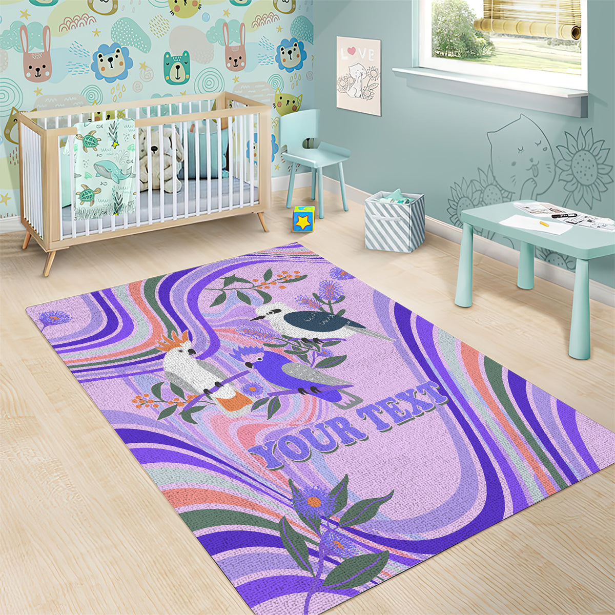 Personalised Australia Hippie Christmas Area Rug Cockatoo Kookaburra with Wattle Violet Pastel Color - Vibe Hoodie Shop