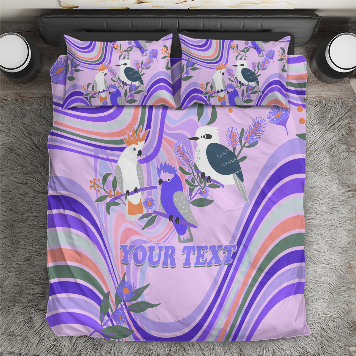 Personalised Australia Hippie Christmas Bedding Set Cockatoo Kookaburra with Wattle Violet Pastel Color - Vibe Hoodie Shop