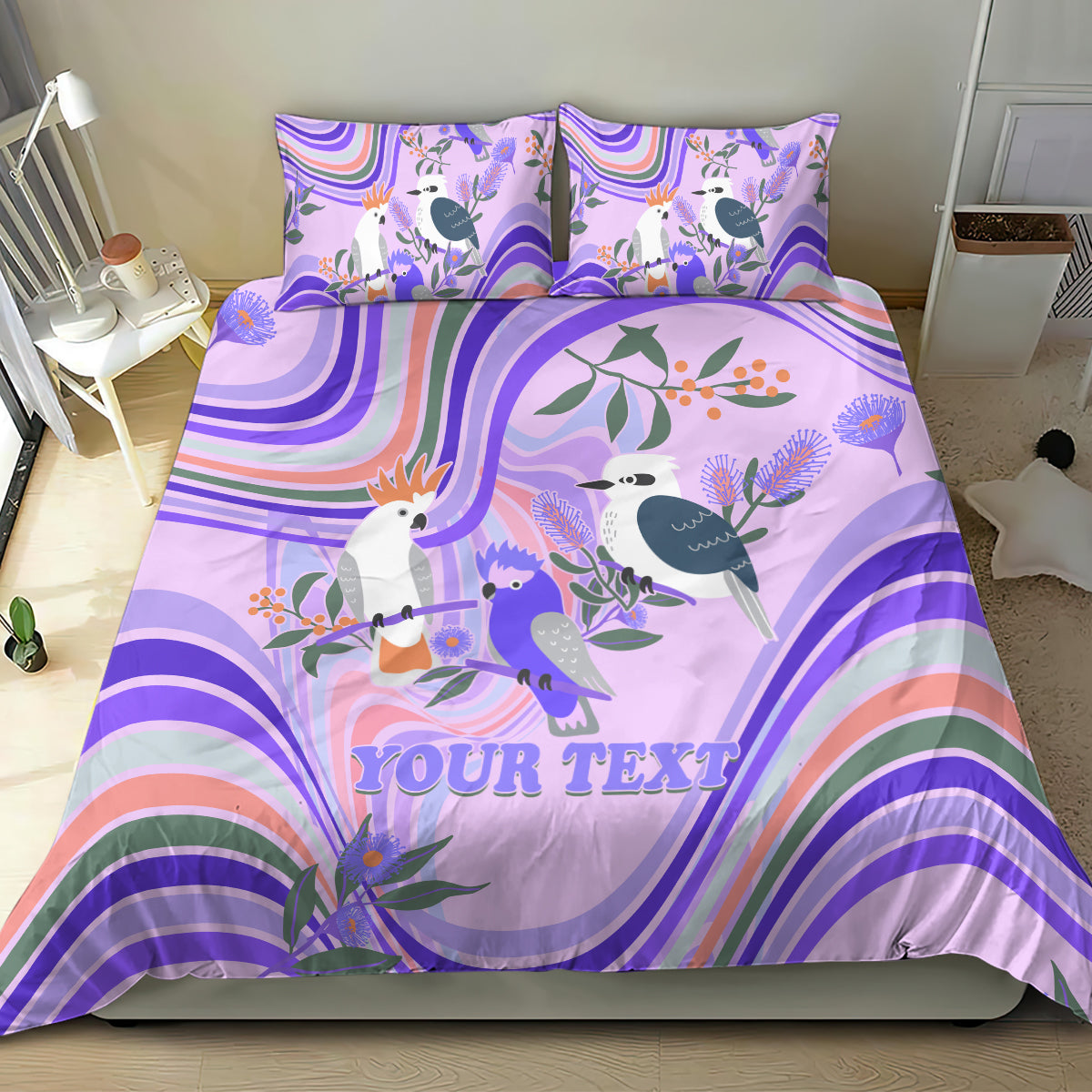 Personalised Australia Hippie Christmas Bedding Set Cockatoo Kookaburra with Wattle Violet Pastel Color - Vibe Hoodie Shop