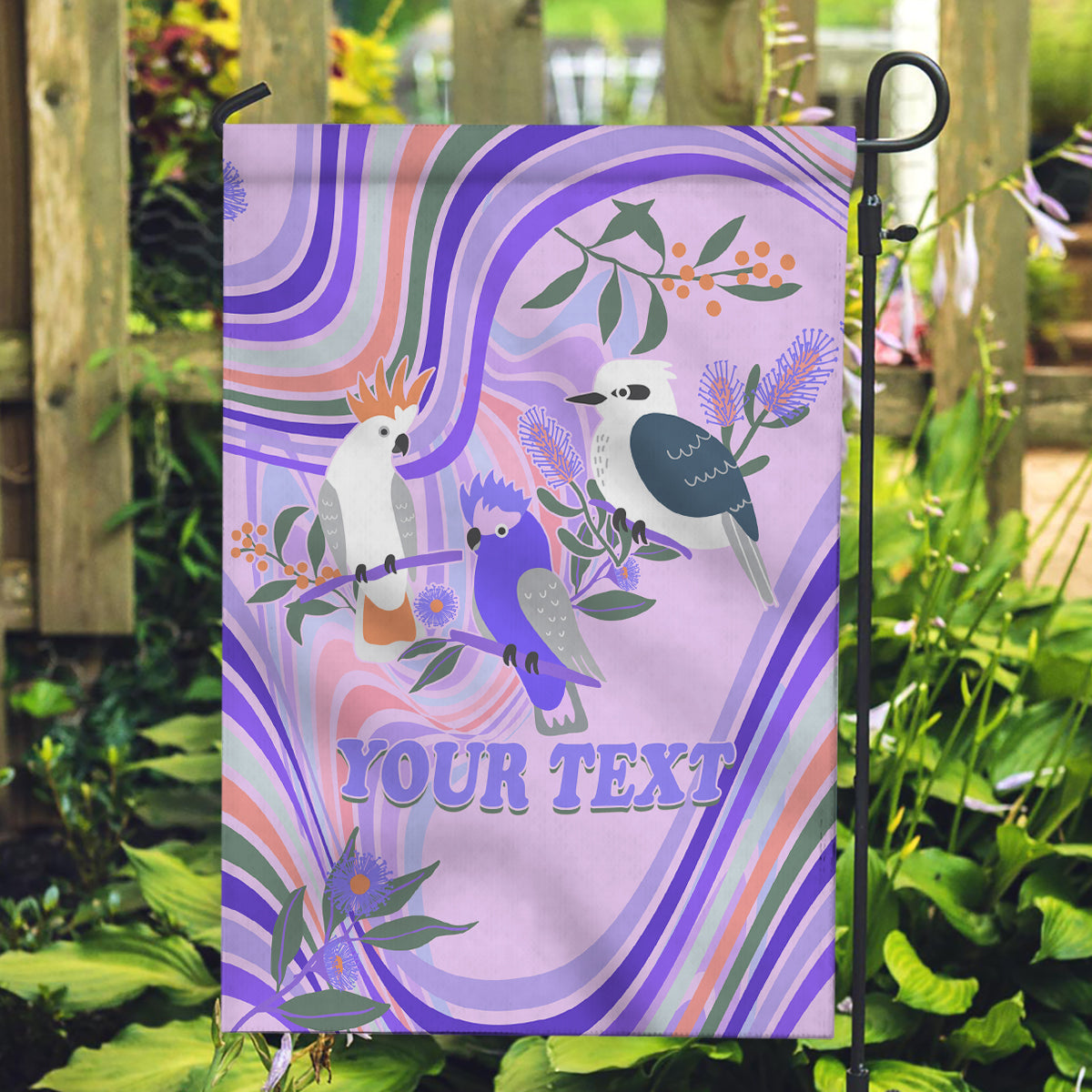 Personalised Australia Hippie Christmas Garden Flag Cockatoo Kookaburra with Wattle Violet Pastel Color - Vibe Hoodie Shop