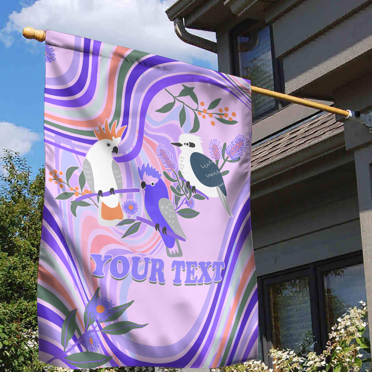 Personalised Australia Hippie Christmas Garden Flag Cockatoo Kookaburra with Wattle Violet Pastel Color - Vibe Hoodie Shop