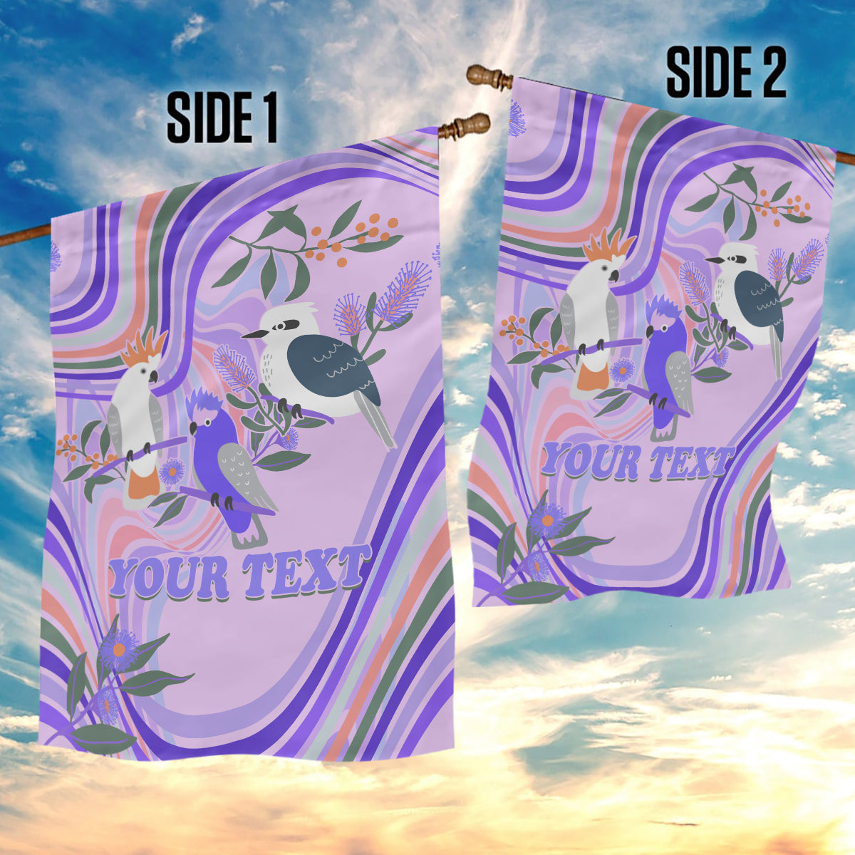 Personalised Australia Hippie Christmas Garden Flag Cockatoo Kookaburra with Wattle Violet Pastel Color - Vibe Hoodie Shop