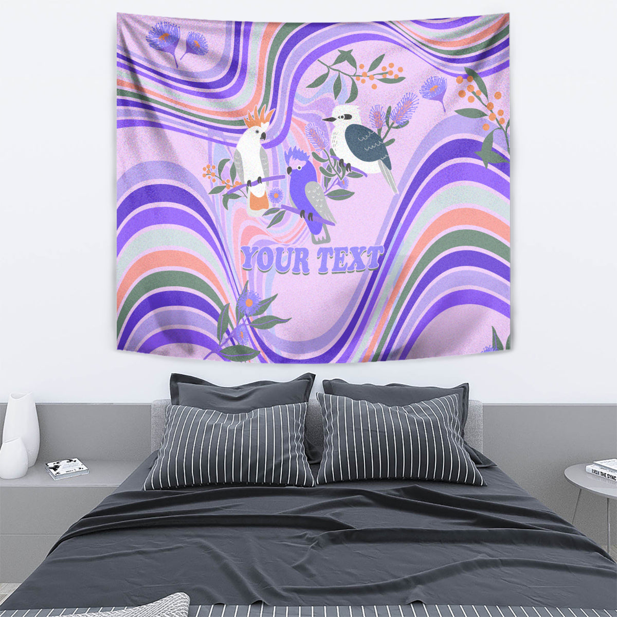 Personalised Australia Hippie Christmas Tapestry Cockatoo Kookaburra with Wattle Violet Pastel Color - Vibe Hoodie Shop