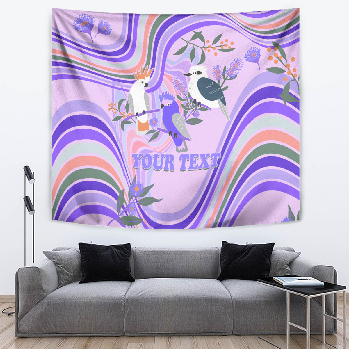 Personalised Australia Hippie Christmas Tapestry Cockatoo Kookaburra with Wattle Violet Pastel Color - Vibe Hoodie Shop