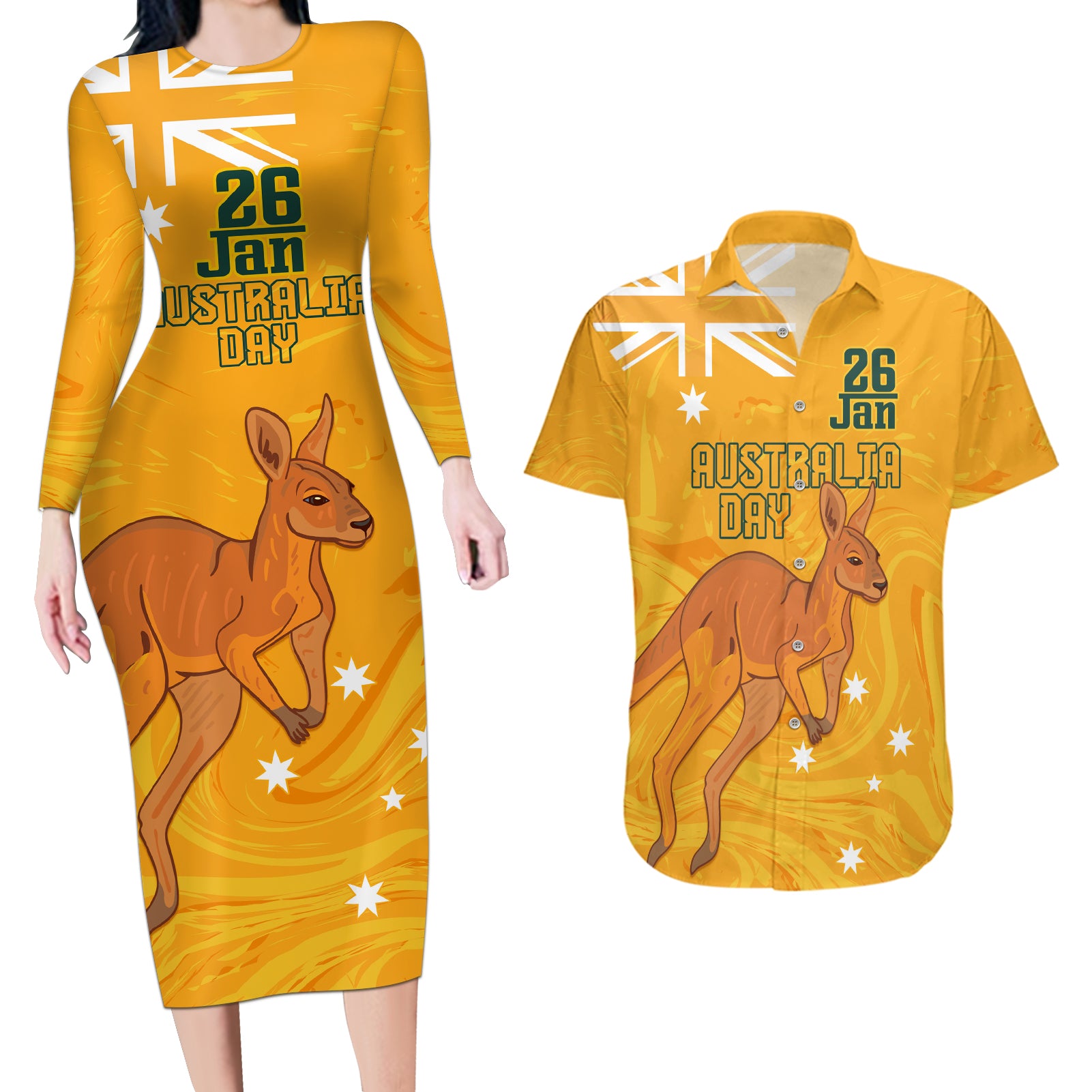 Personalised Matildas Australia Day Couples Matching Long Sleeve Bodycon Dress and Hawaiian Shirt Proud To Be Tillies Gold Version