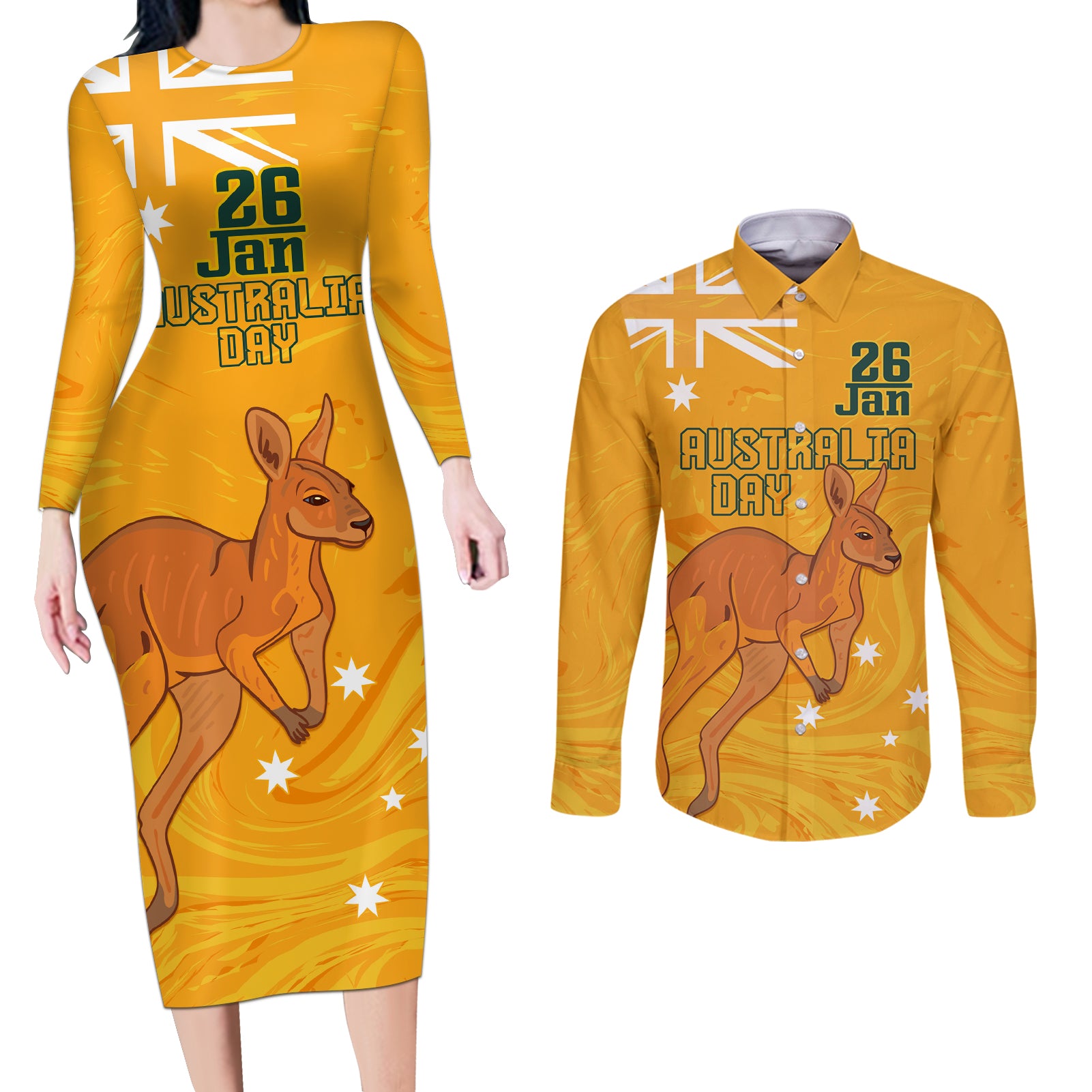 Personalised Matildas Australia Day Couples Matching Long Sleeve Bodycon Dress and Long Sleeve Button Shirt Proud To Be Tillies Gold Version