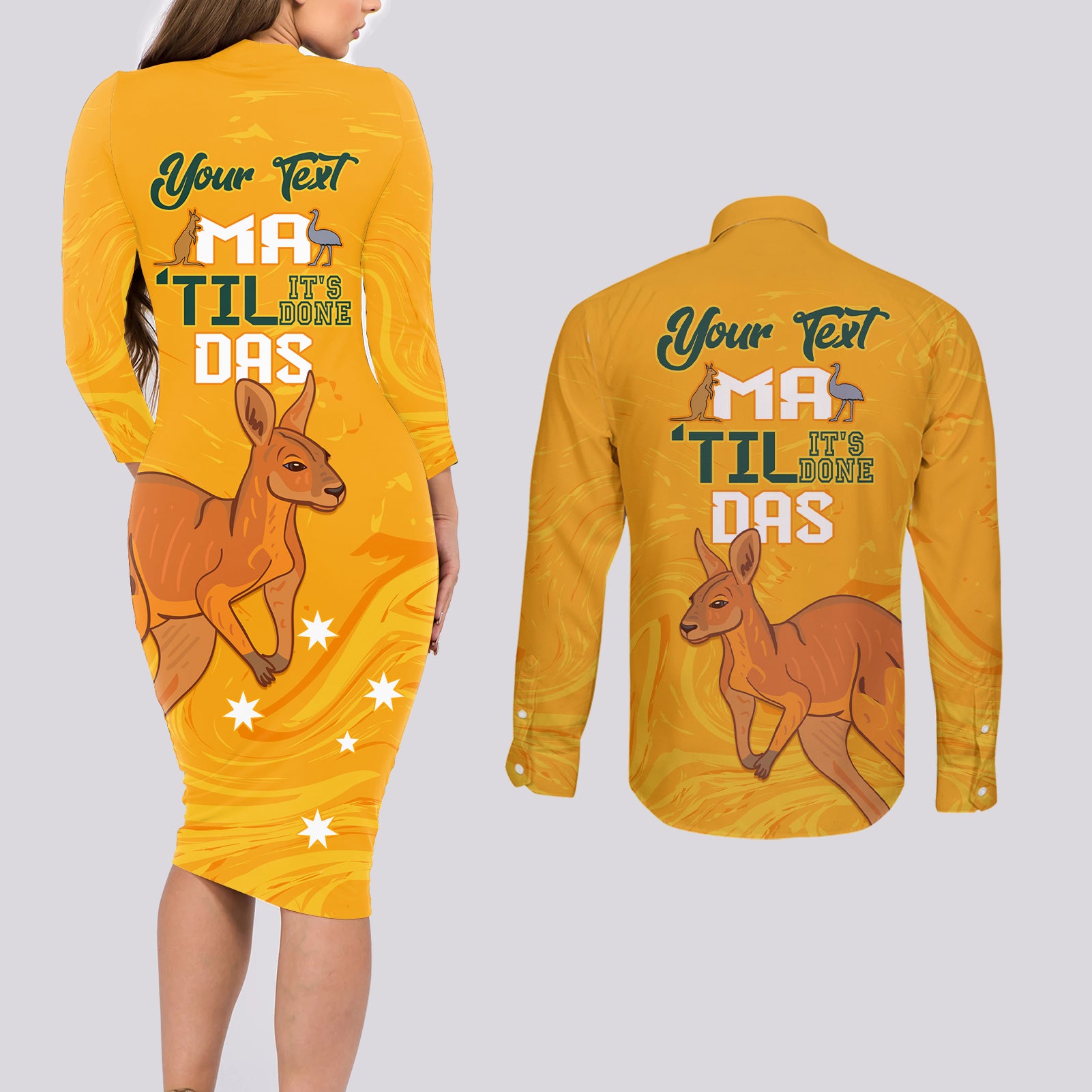 Personalised Matildas Australia Day Couples Matching Long Sleeve Bodycon Dress and Long Sleeve Button Shirt Proud To Be Tillies Gold Version