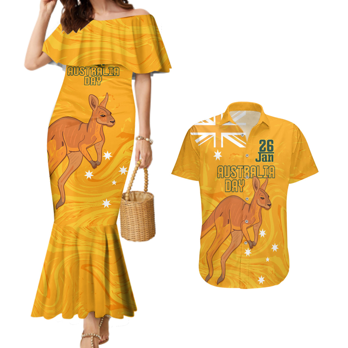 Personalised Matildas Australia Day Couples Matching Mermaid Dress and Hawaiian Shirt Proud To Be Tillies Gold Version