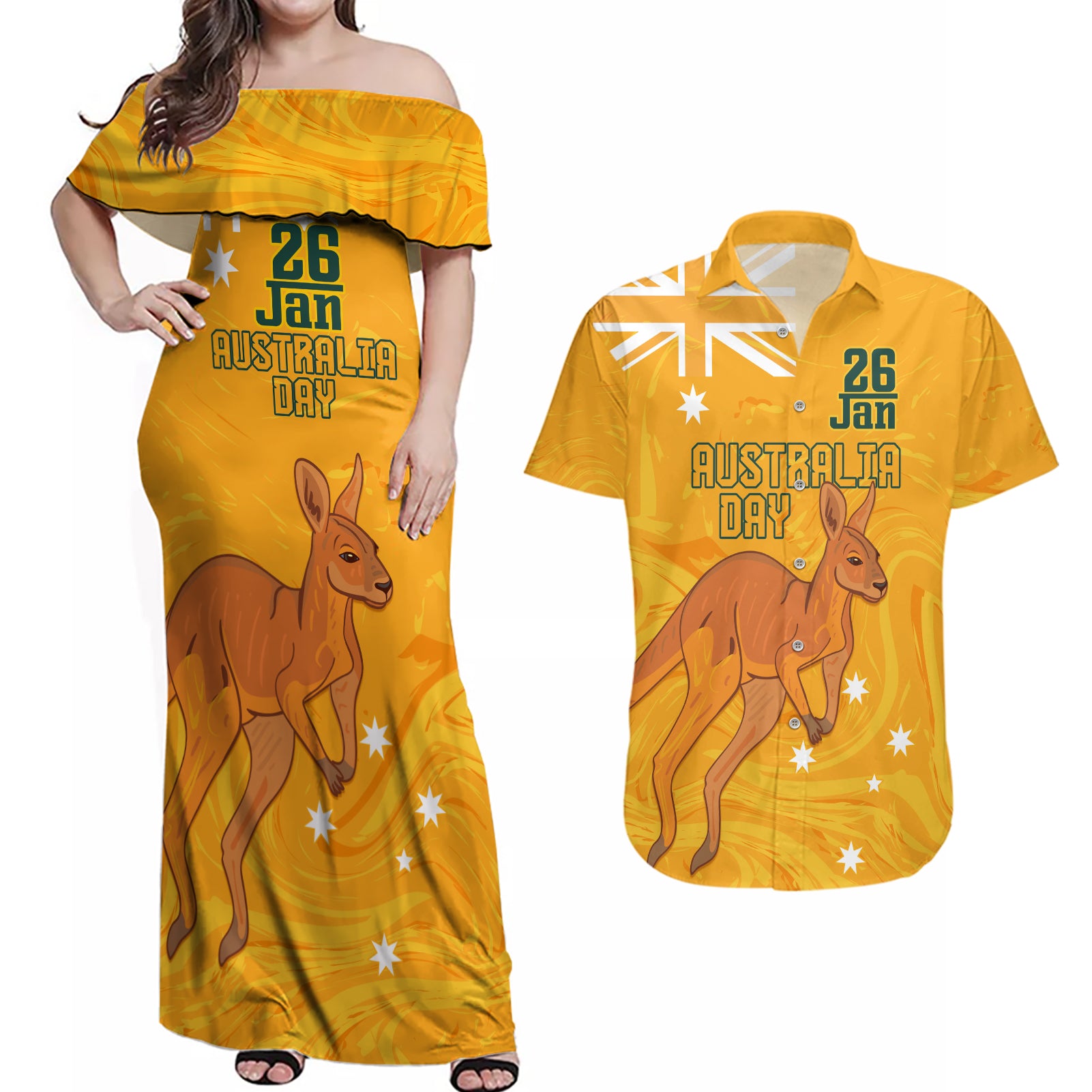 Personalised Matildas Australia Day Couples Matching Off Shoulder Maxi Dress and Hawaiian Shirt Proud To Be Tillies Gold Version