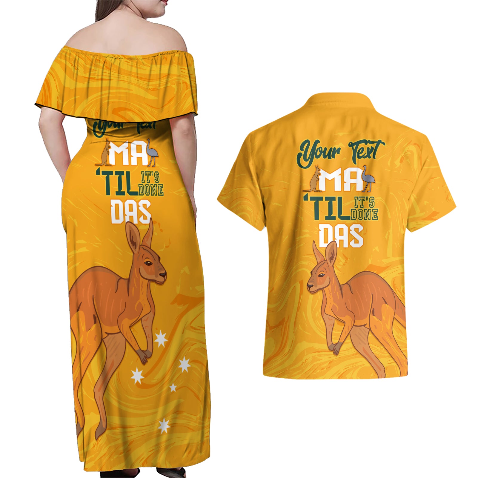 Personalised Matildas Australia Day Couples Matching Off Shoulder Maxi Dress and Hawaiian Shirt Proud To Be Tillies Gold Version