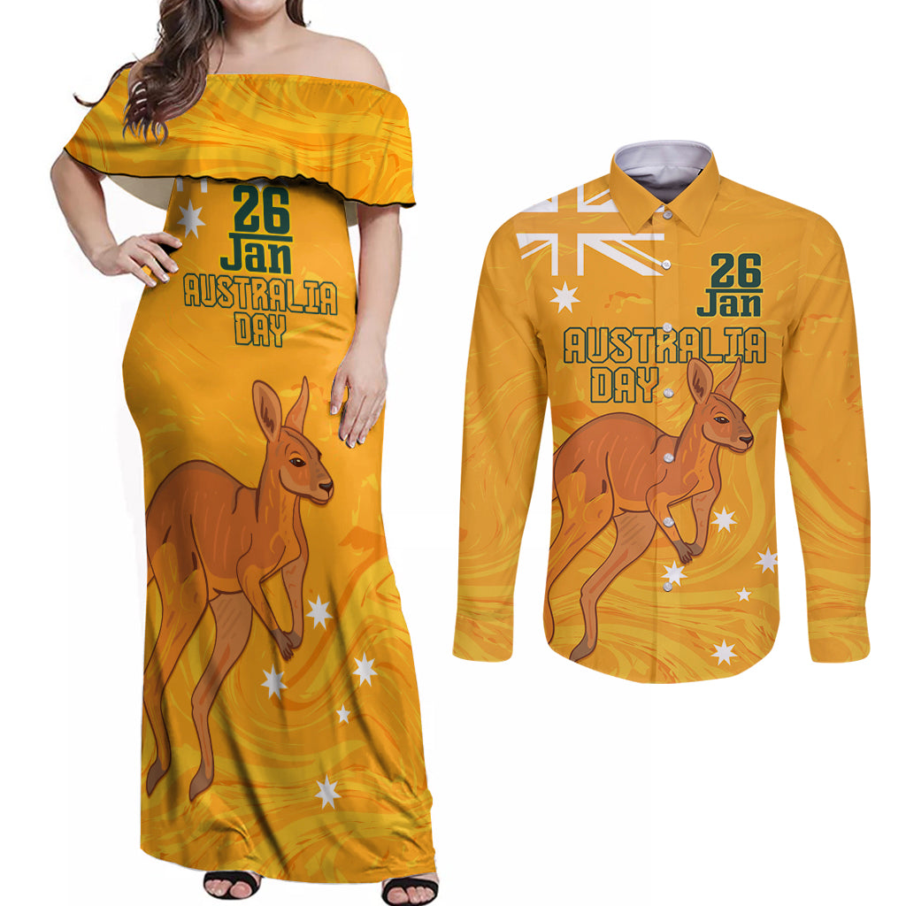 Personalised Matildas Australia Day Couples Matching Off Shoulder Maxi Dress and Long Sleeve Button Shirt Proud To Be Tillies Gold Version