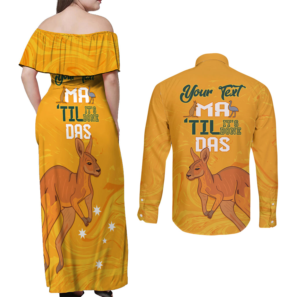 Personalised Matildas Australia Day Couples Matching Off Shoulder Maxi Dress and Long Sleeve Button Shirt Proud To Be Tillies Gold Version